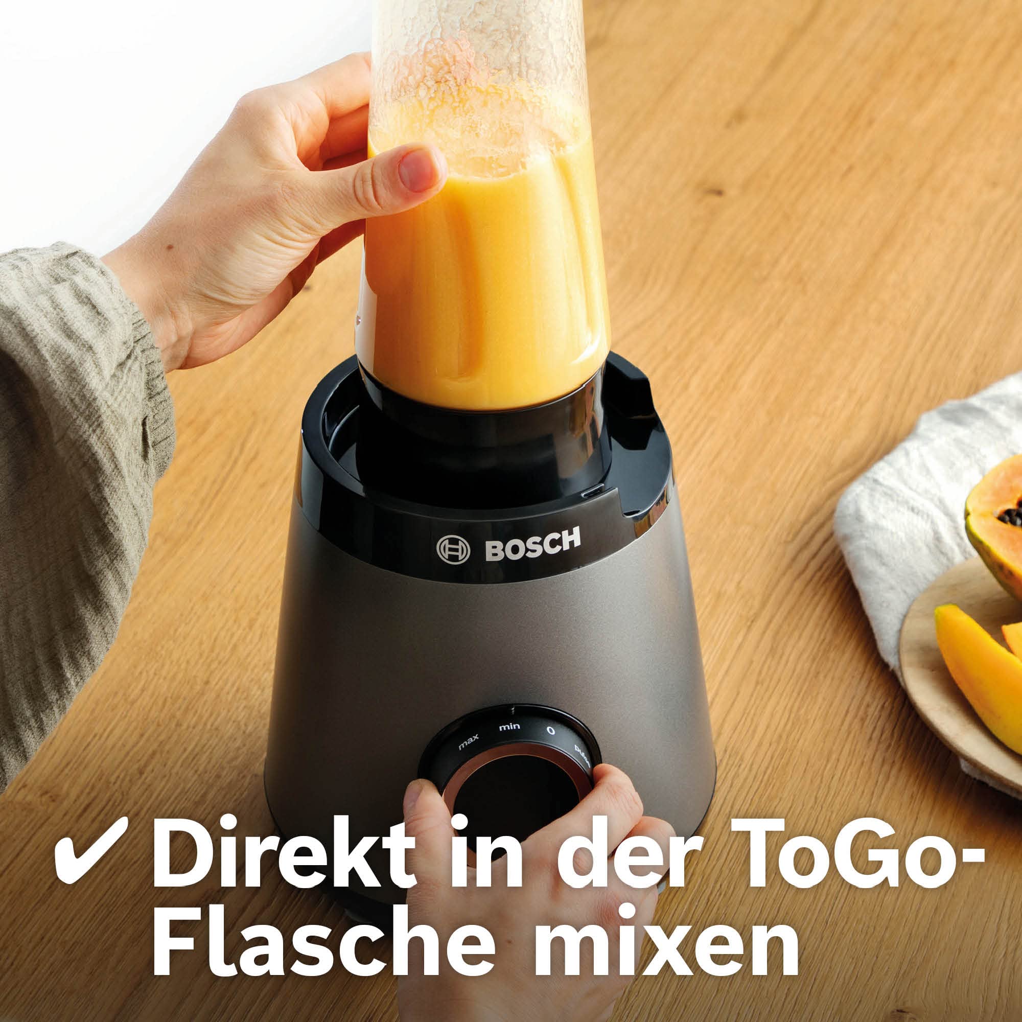 Bosch Blender kielichowy MMB6174SN VitaPower Serie 4, 30 000 obr./min., 1200 W, szklany kielich 1,5 l, butelka na wynos 0,6 l, Szary inox