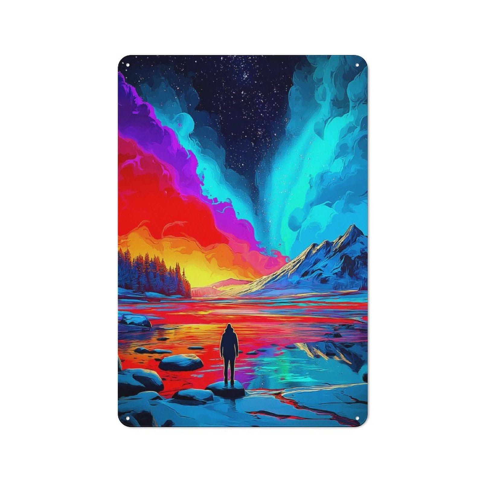 Junmoney Colorful Sunset Lake Silhouette Metal Wall Sign With Design 30X20cm, Loft Style Studio Wall Art For Flat, Bar, Studio Or Gallery Wall