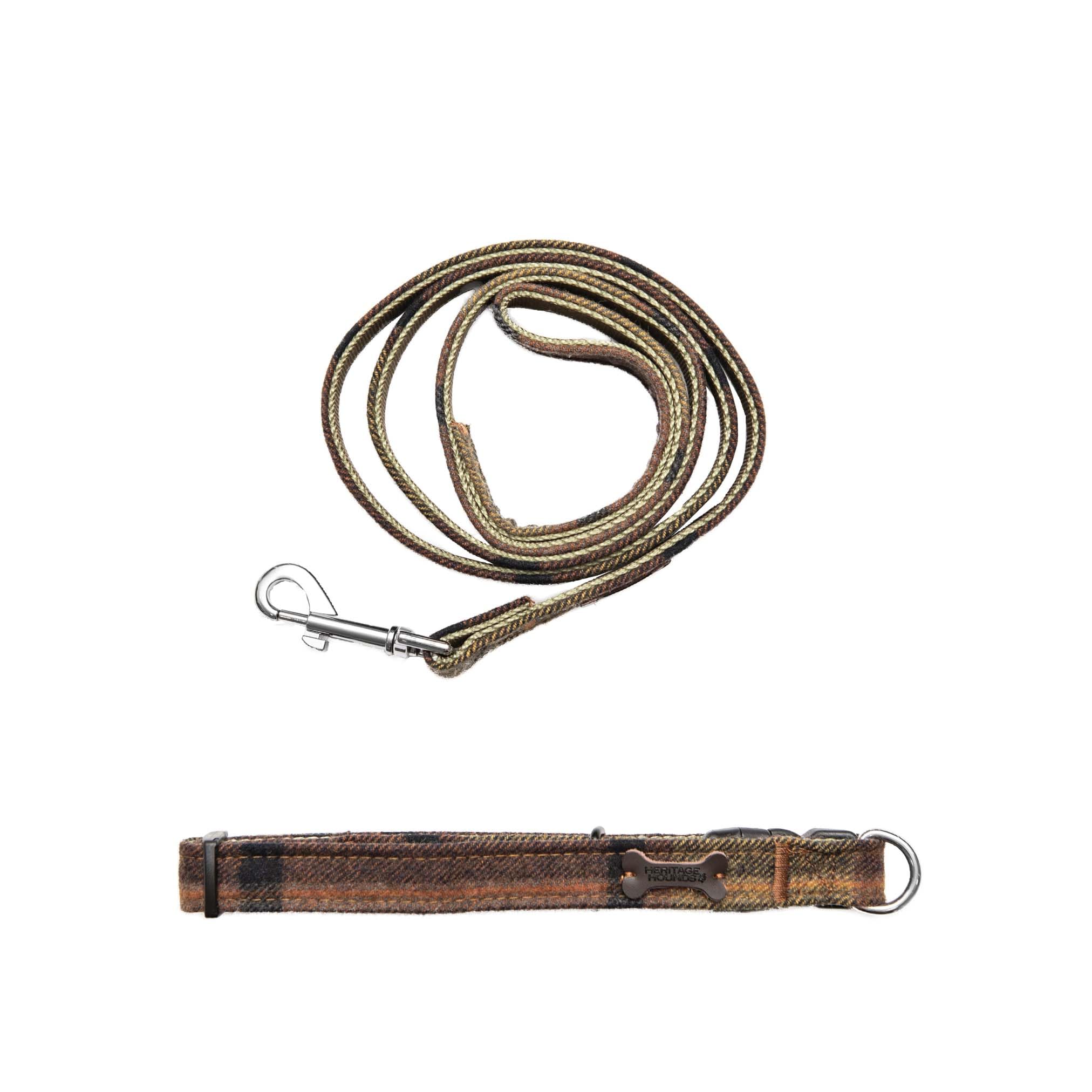 Heritage Hounds Tweed Dog Collar and Lead Set (Medium, Amber Check)