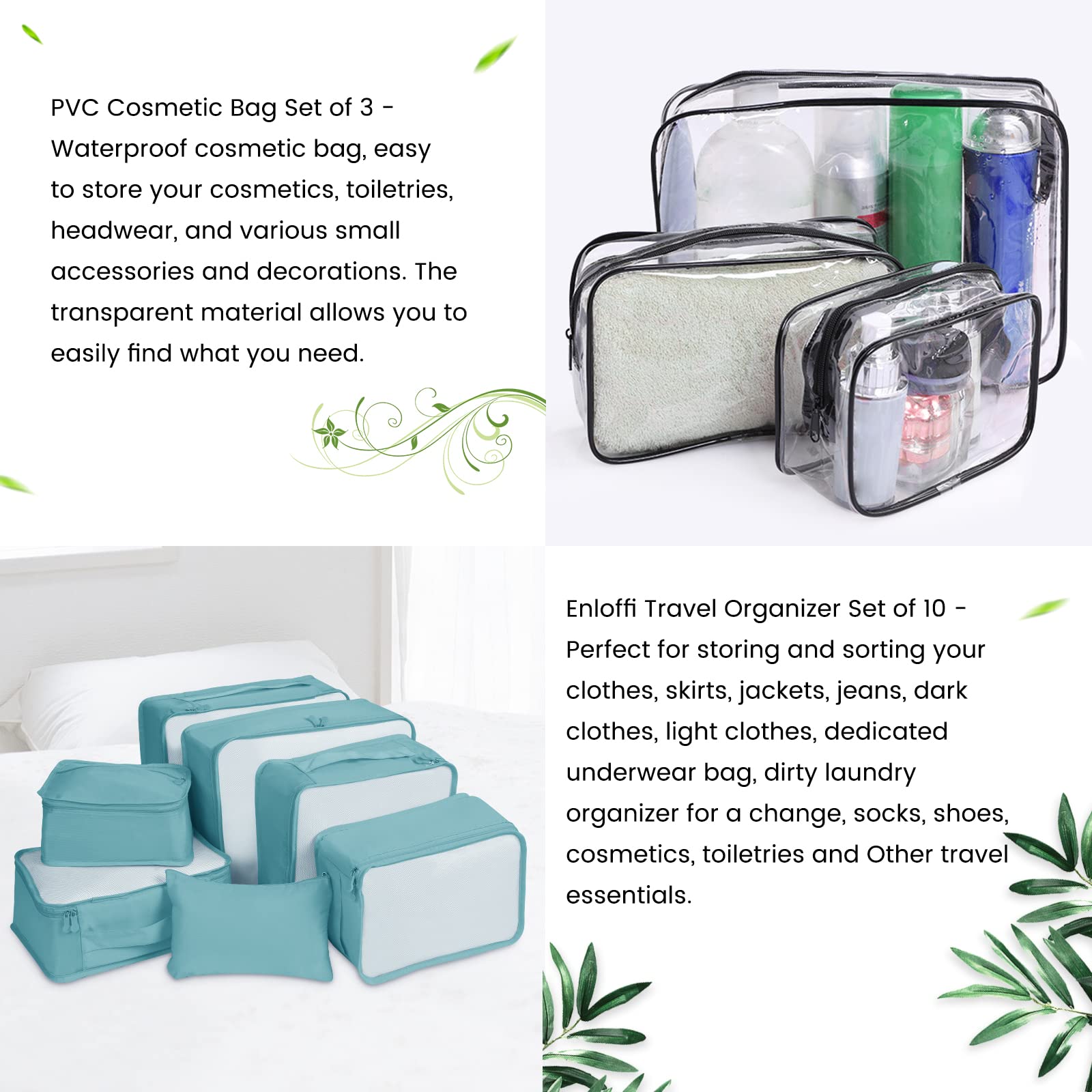 Enloffi Organizer Valigie 10 Pezzi Set Sistema di Cubo di Viaggio Impermeabili Viaggio Accessori Utili per Vestiti Scarpe Biancheria Intima Cosmetici Set di Valigie Portaoggetti, Grado Blu