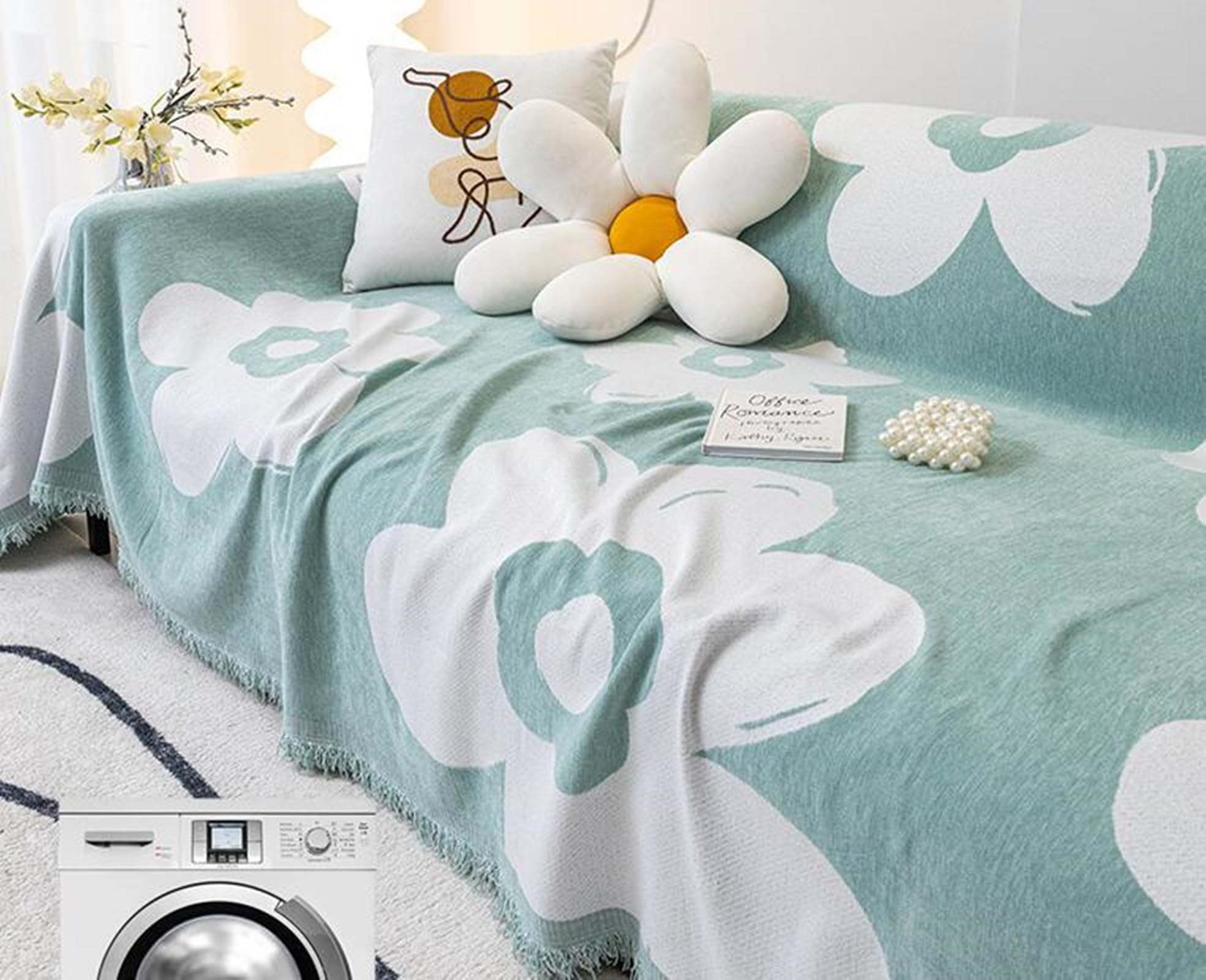 Plaid Couverture Canapé, 180x380CM, Convient à 4 Places, Motif Fleurs à Franges, Vert Clair, Housse de Canapé Chenille Protection, Anti Griffe de Chat