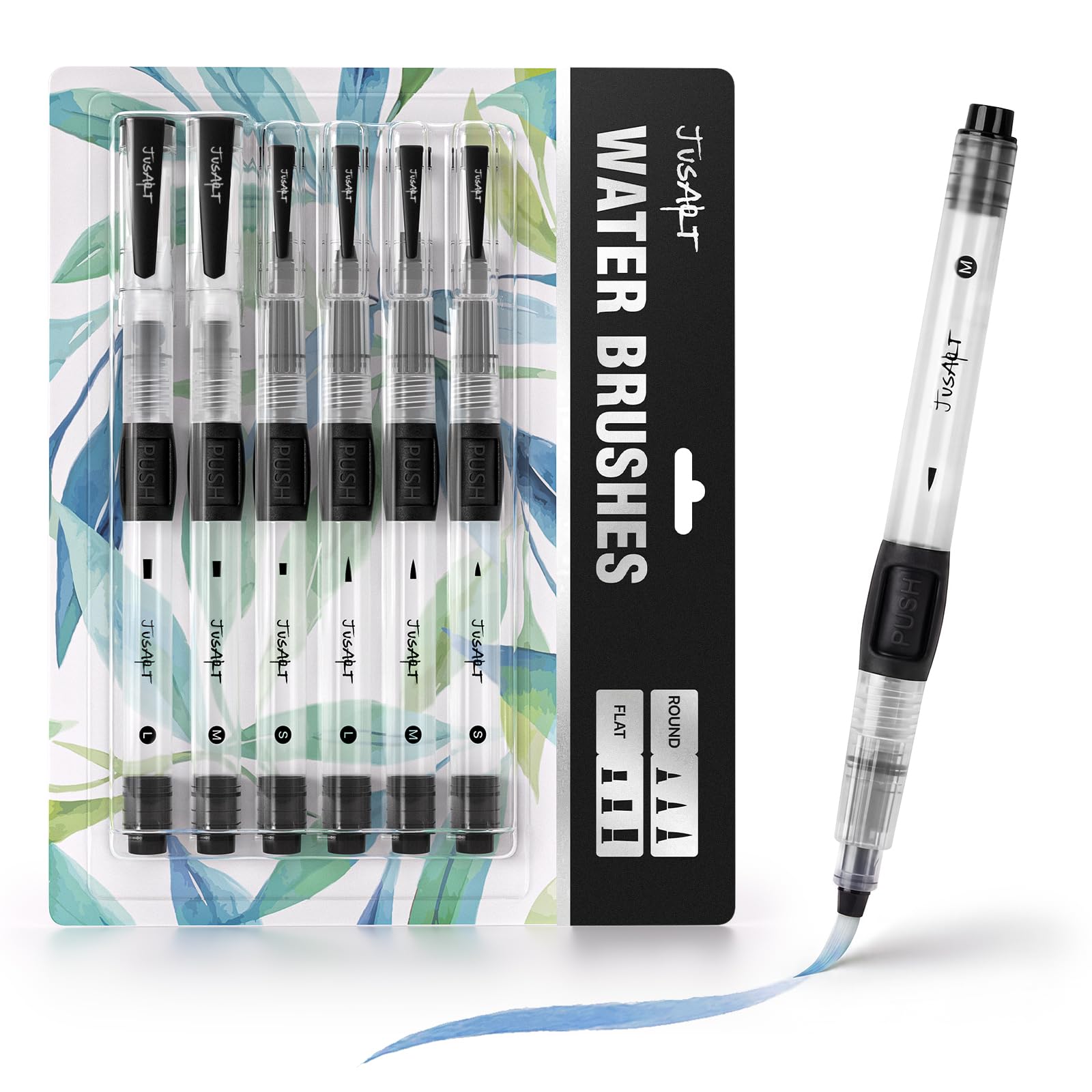 JusArt Water Brush Pens 6-Pack Leak-Proof Refillable Watercolor Pens for Acrylic and Gouache Painting - Includes Pointed & Flat Tip Styles - Portable Water Brushes for Artists, Beginners, Adults