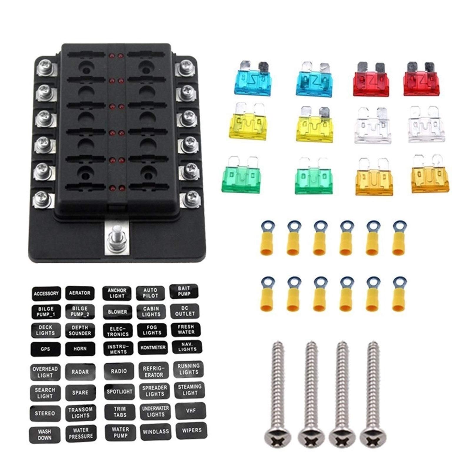Blocchi fusibili portafusibili a Lama a 12 Vie con indicatore LED Rosso 12 Pezzi fusibili 12 Pezzi terminali per Auto Barca Marina Caravan Camion 12V 24V