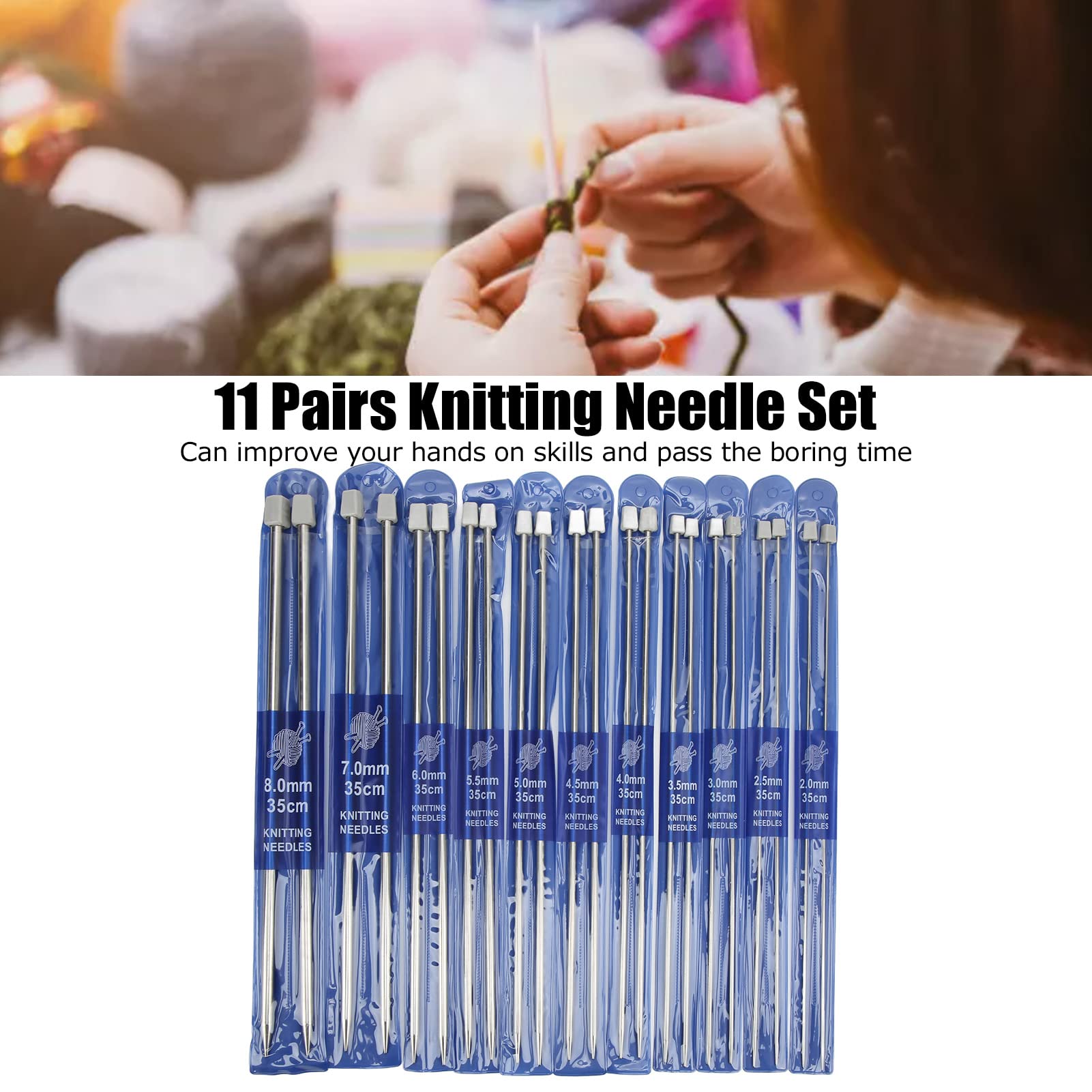 Gsycle 11 Pairs Single Pointed Knitting Needles Kit, Multiple Sizes Single Pointed 14in Length Knitting Needle Kit Single Pointed Needles for DIY Craft