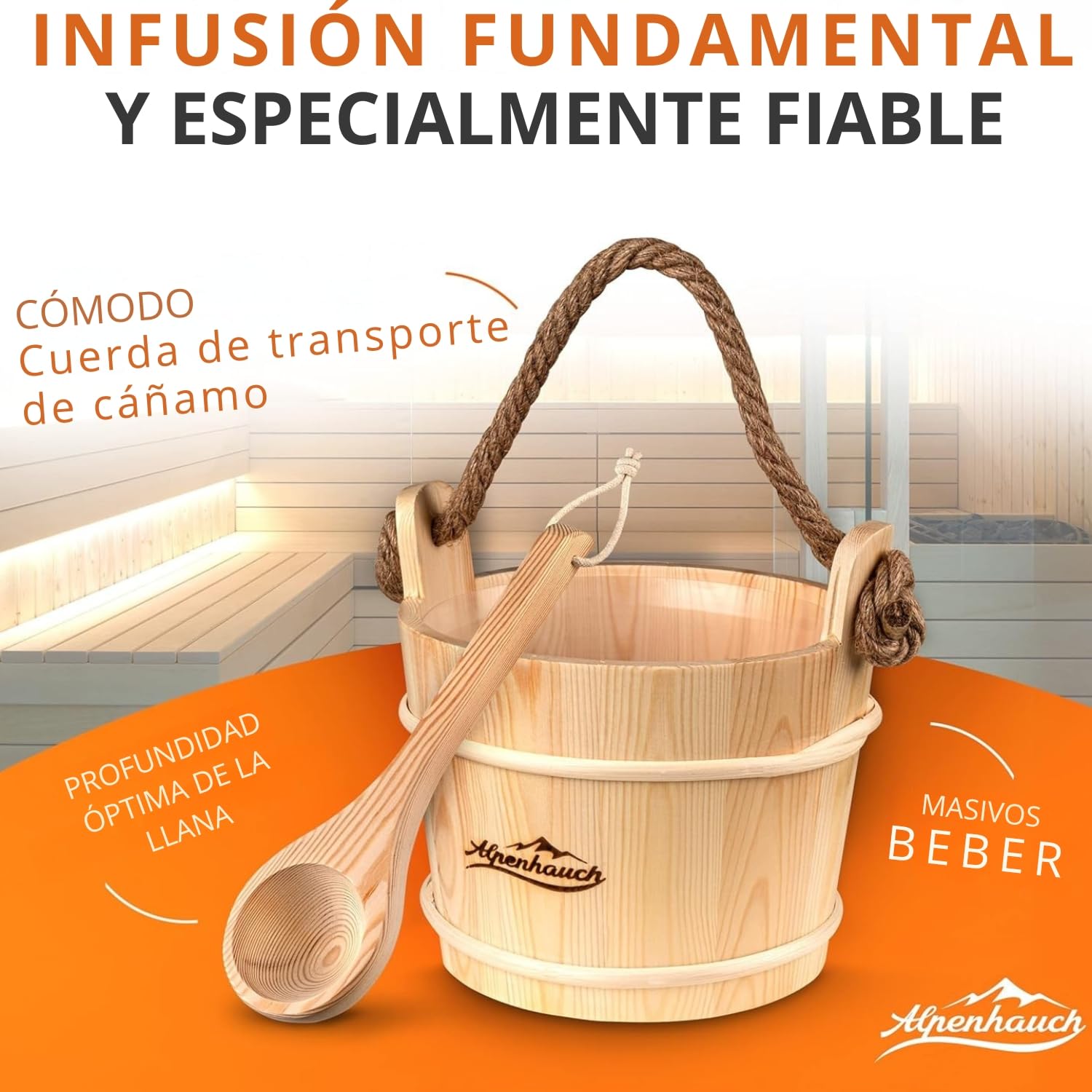ALPENHAUCH Cubo de sauna con paleta [100% madera natural] - Elegante cubo de sauna con paleta - Accesorios de sauna duraderos - Juego de cubos de infusión