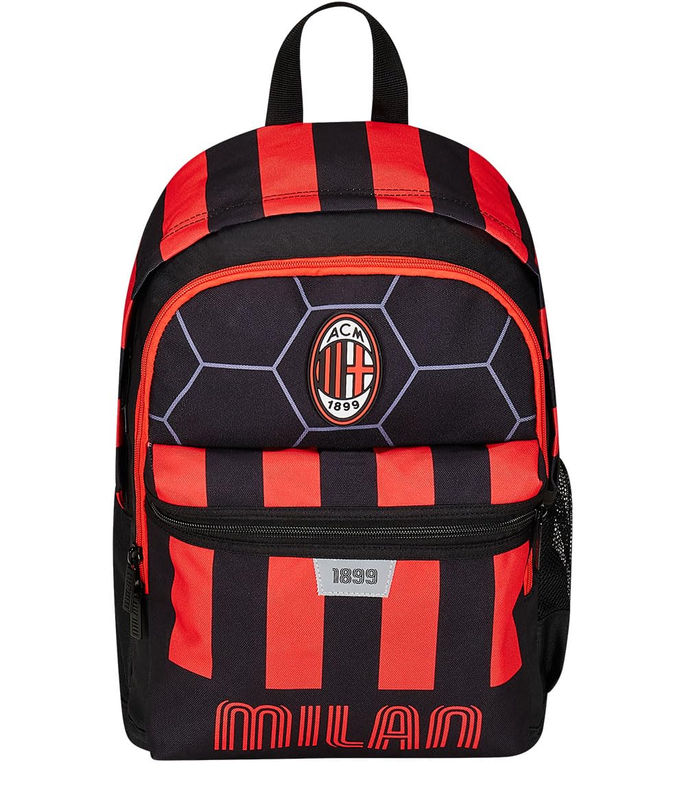 Zaino Scuola A.C. MILAN Calcio - PATH OF VICTORY, Nero Rosso - Zaino Doppio Scomparto - Tasca Porta Borraccia, Zaino Bambino - Maxi Capienza