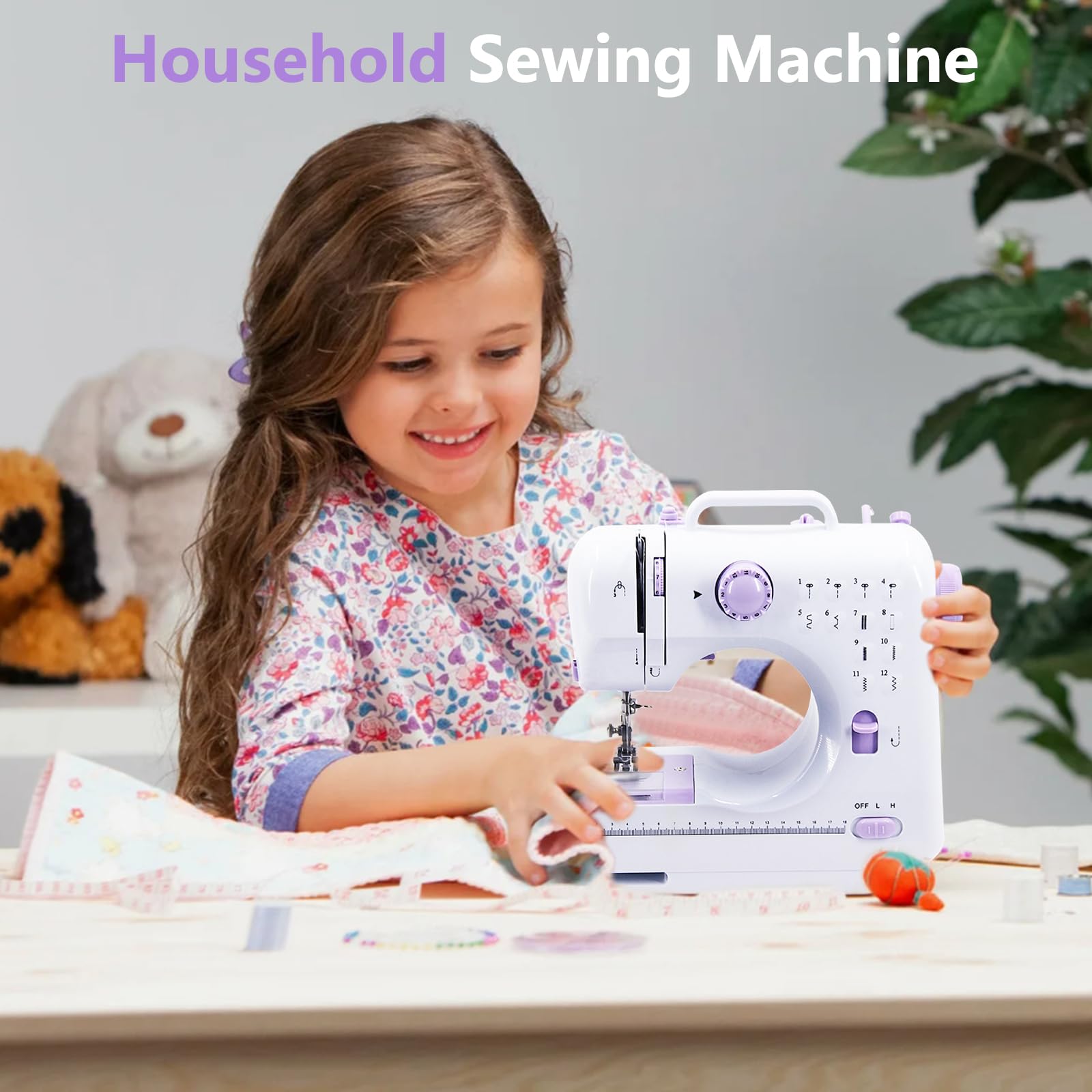 Nähmaschine für Kinder und Anfänger, Mini Sewing Machine, 12 Stichprogrammen Tragbare Elektrische Nähmaschine, Handnähmaschine Kleine mit LED-Licht mit Fußpedal & Nähset (Lila-2)