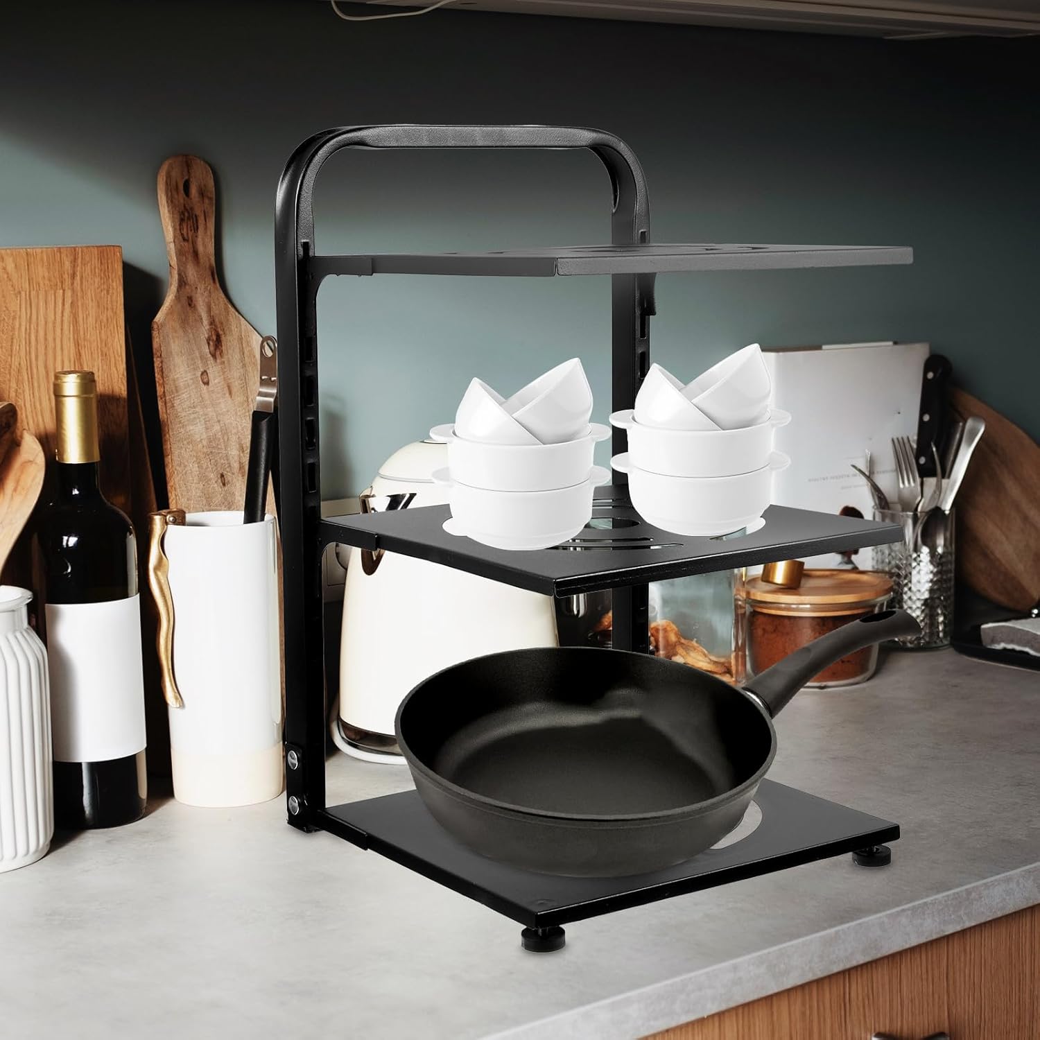 Adjustable 3-tier Multi-function Pot Rack Kitchen Cabinet Pan Organizer Black Draining Cookware Storage for Home Kitchen Countertop