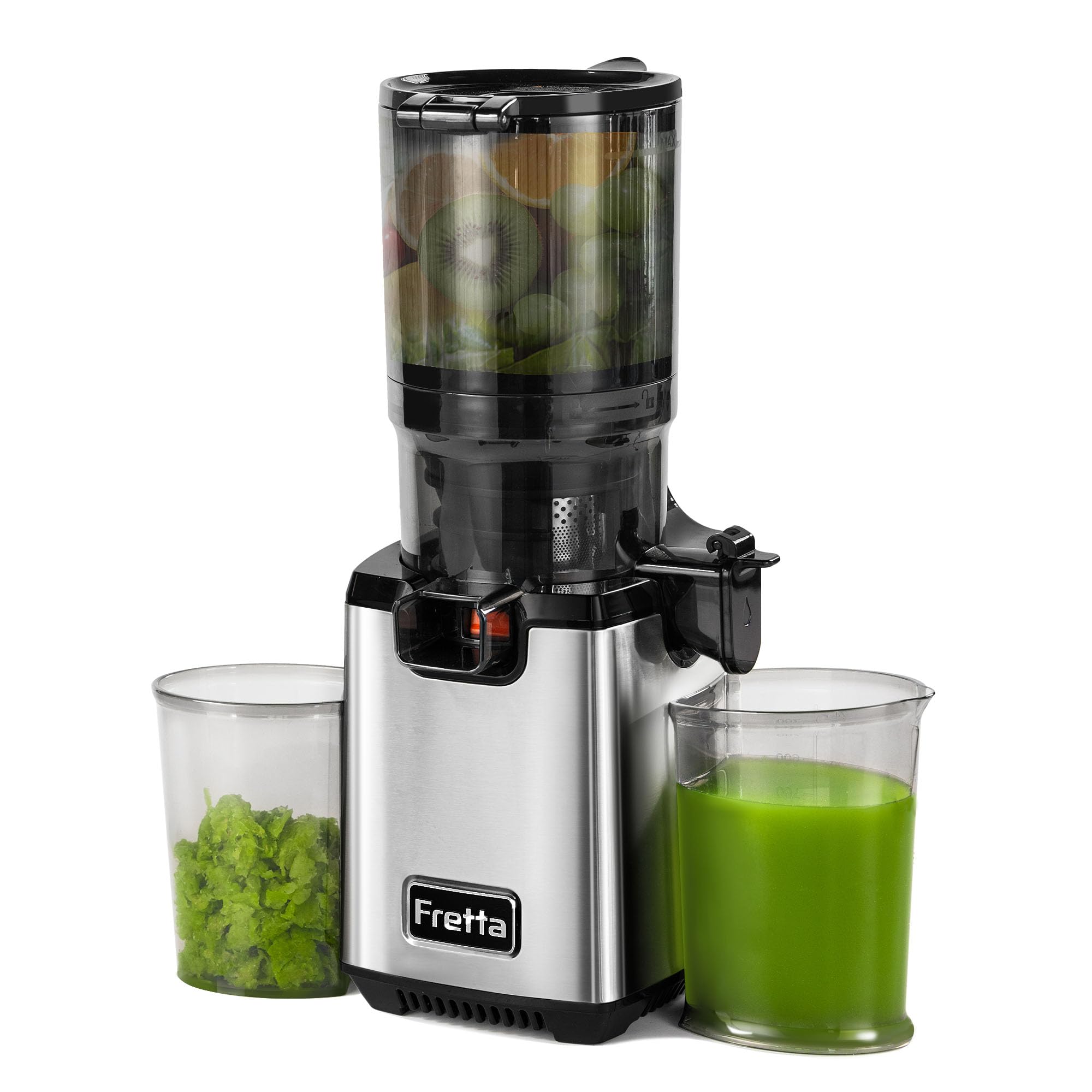 Fretta Entsafter Slow Juicer, Edelstahl Entsafter Gemüse und Obst Testsieger, 135MM Öffnung & 1,8L Juicer Machine mit Umkehrfunktion, Einfache Installation, Leicht zu Reinigen, 100% BPA Frei, 250W