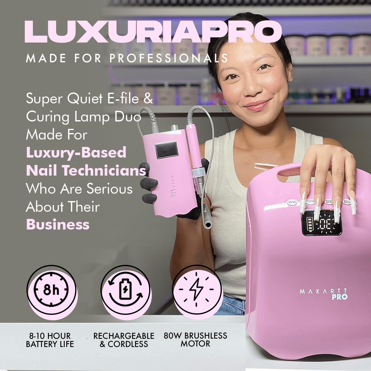 LuxuriaPro 98W Professional UV LED Nail Lamp | 42 Powerful LEDs for Fast and Efficient Curing Gel Nails | Rechargeable 5200mA Lithium Battery | Cordless Nail Dryer - Baby Pink
