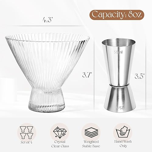 Miniatura 2 de Vasos de Martini, juego de 4 copas de Martini acanaladas sin tallo, cupé grande de 8 onzas, para champán expreso, estilo retro de cristal para