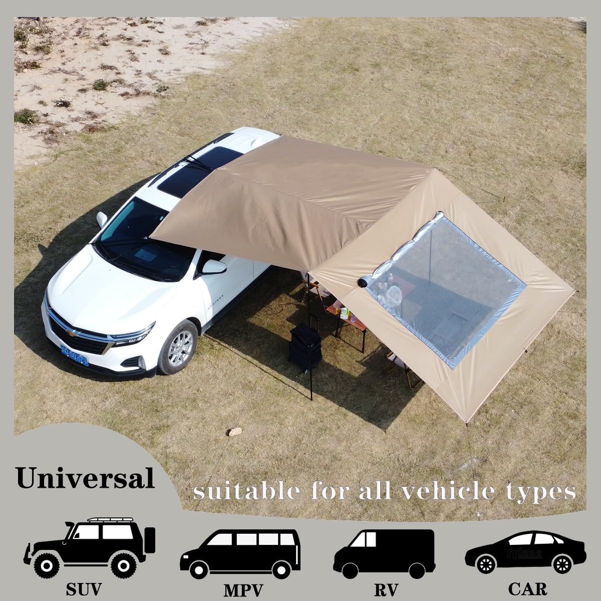 Auvent de Camping 3x5 pour Van Caravane Canopy Étanche et Anti-UV Abri de Hayon Abri Solaire Tarp de Camping avec Poteau (Brun, 3x5m)