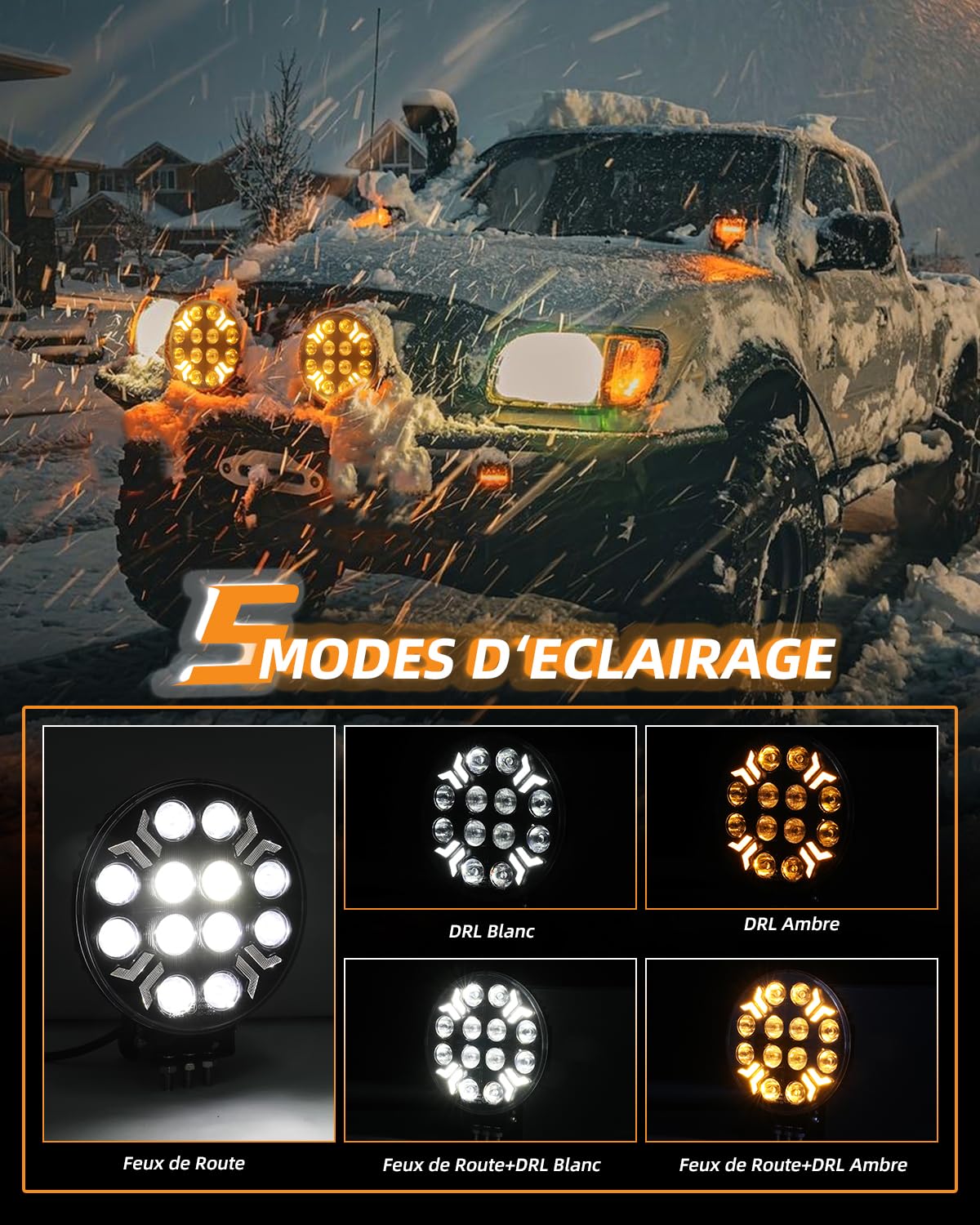 CO LIGHT Phare de Travail Led Rond 7 Pouces 120W Phare Longue Portée LED Blanc/Ambre DRL Compatible Voiture Camion Bateau Tracteur 2PCS