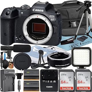 Canon EOS R7 Mirrorless Camera (Body Only) with Mount Adapter EF-EOS R + 2 Pack SanDisk 64GB Memory Card + Case + Tripod + LED Flash + ZeeTech Accessory Bundle