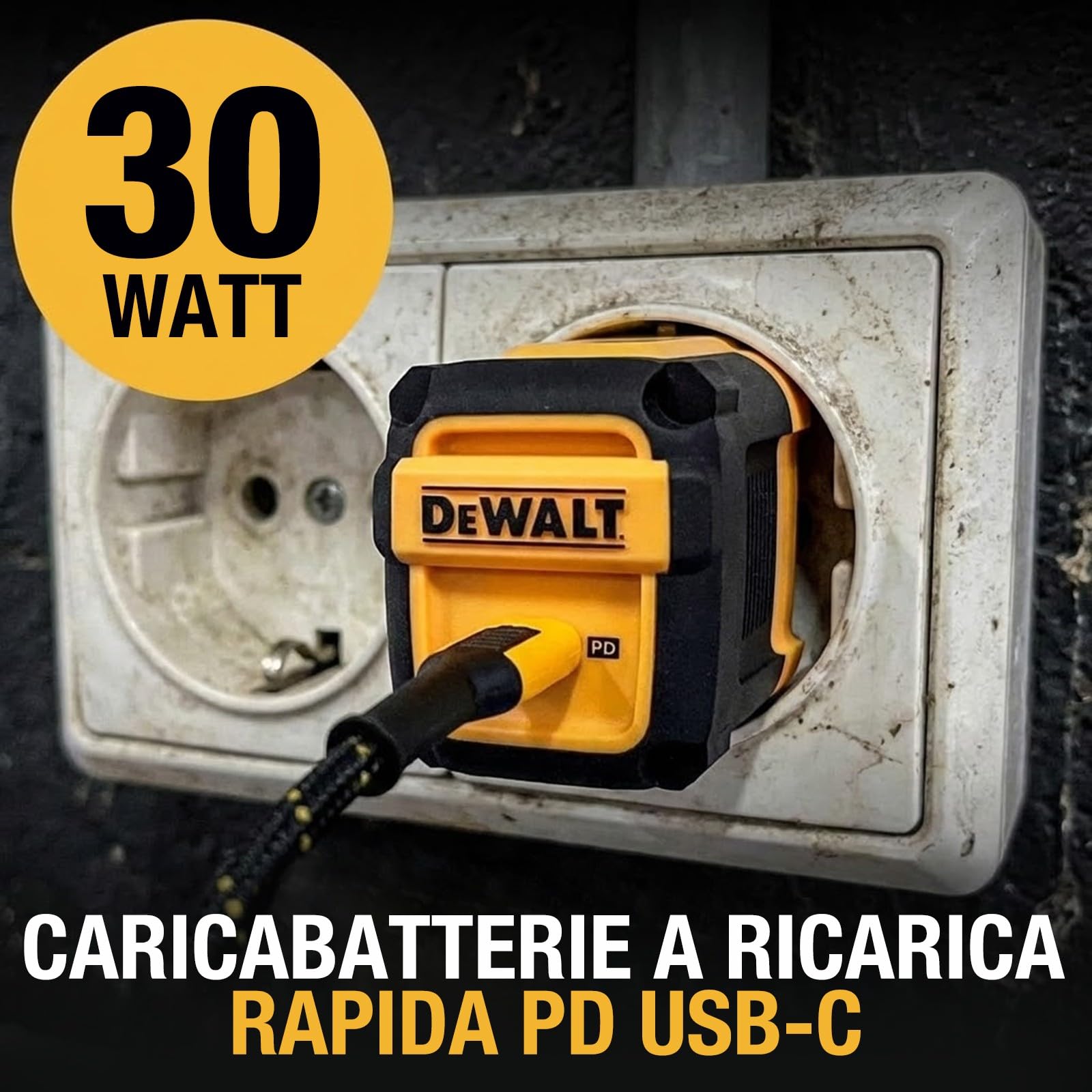 DEWALT Heavy Duty 30 W PD USB caricabatterie da parete per cantieri, caricabatterie USB-C tipo C, spina europea, compatibile con iPhone 16 15 14 13 12 Pro Max iPad Pro