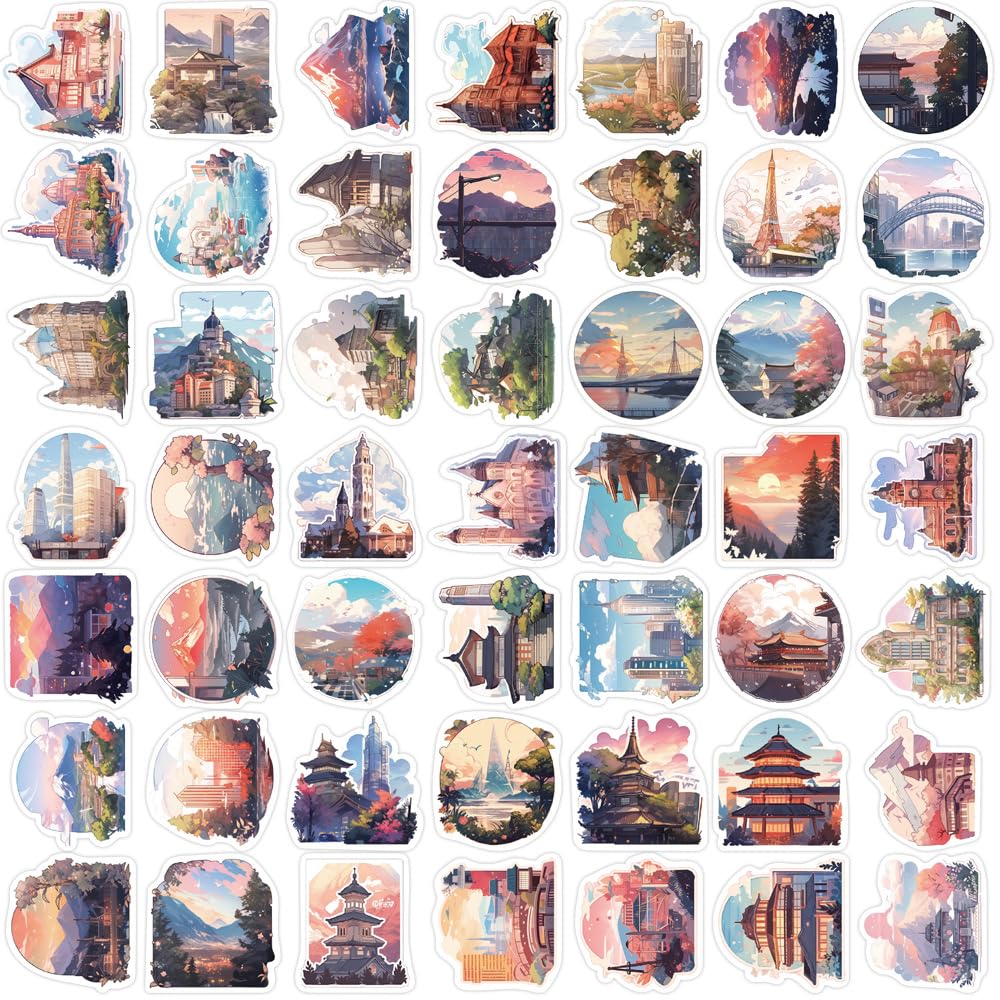 50Pcs Scenery Stickers Laptop Car Scrapbook Phone Skateboard Suitcase Luggage Bike World Scenery Stickers Vinyl Waterproof Aesthetic Personalised Stickers for Teens Boys Girls Adults Children - Image 3