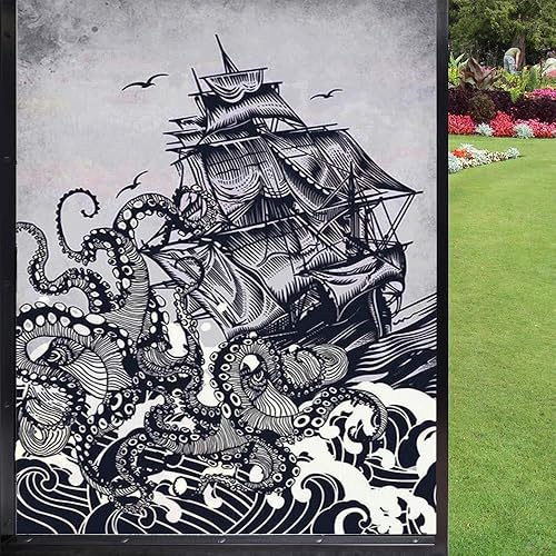 Película náutica para ventana, privacidad para ventana, tentáculos de pulpo Kraken, barco, barco viejo en olas del océano, oscurecimiento de