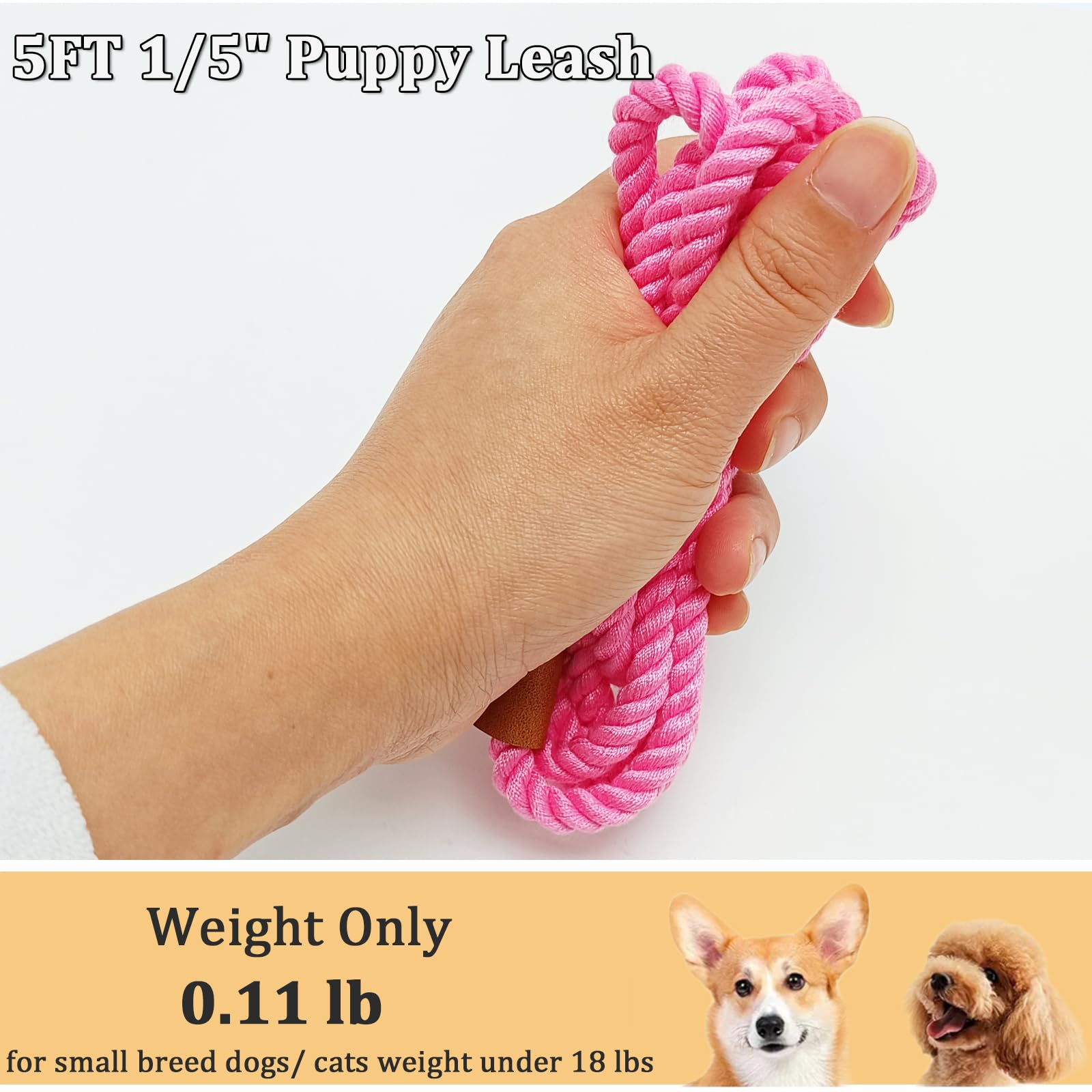 Laisse rose de 1,5 m pour petits chiens – Laisse légère et douce en coton tressé de 0,6 cm pour petites races/chats, promenades quotidiennes, dressage
