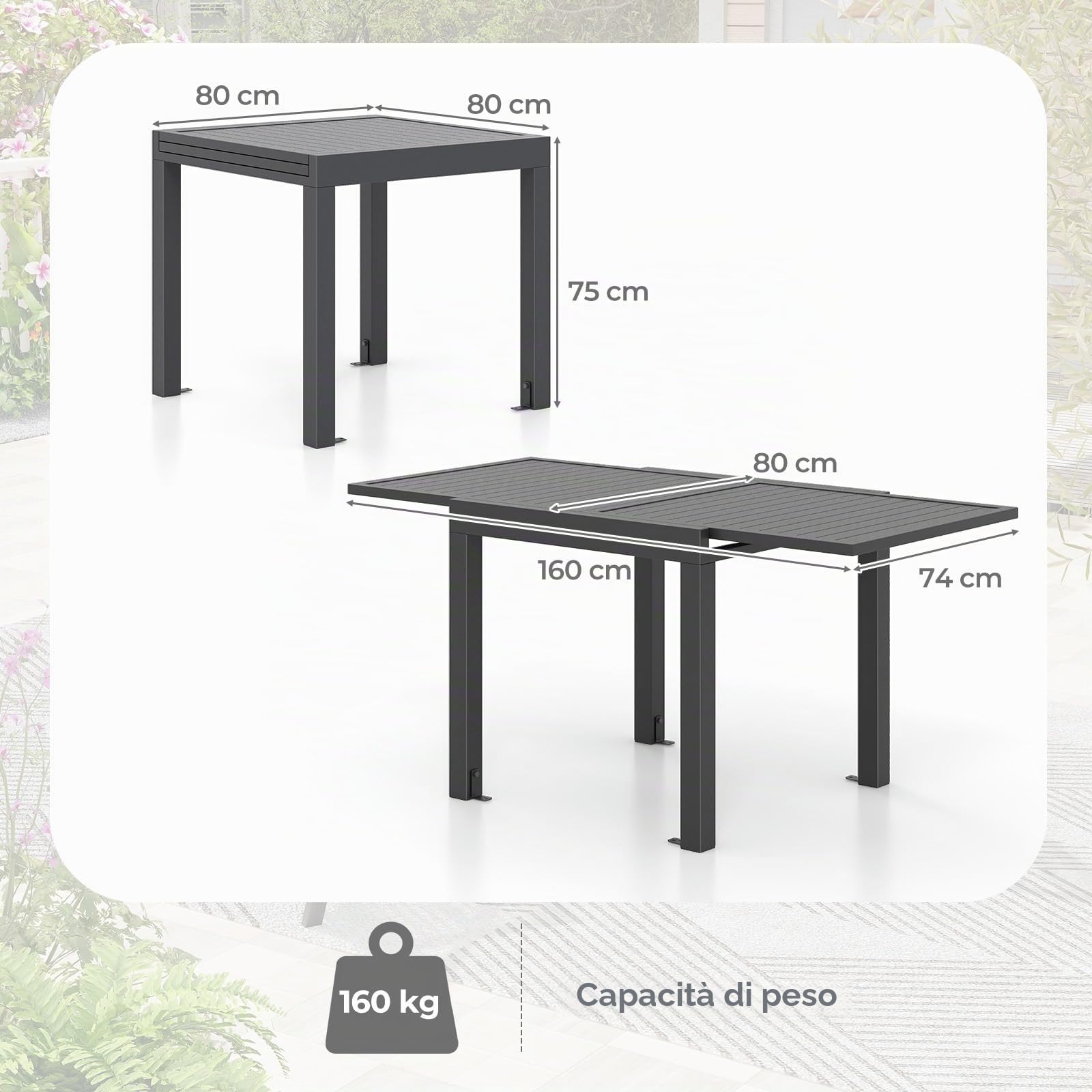 KOMFOTTEU Tavolo da Giardino Allungabile per 4-6 Persone, Tavolo da Pranzo Regolabile da 80 a 160cm Resistente alle Intemperie in Alluminio, Tavolo da Esterno Rettangolare (Grigio Scuro)