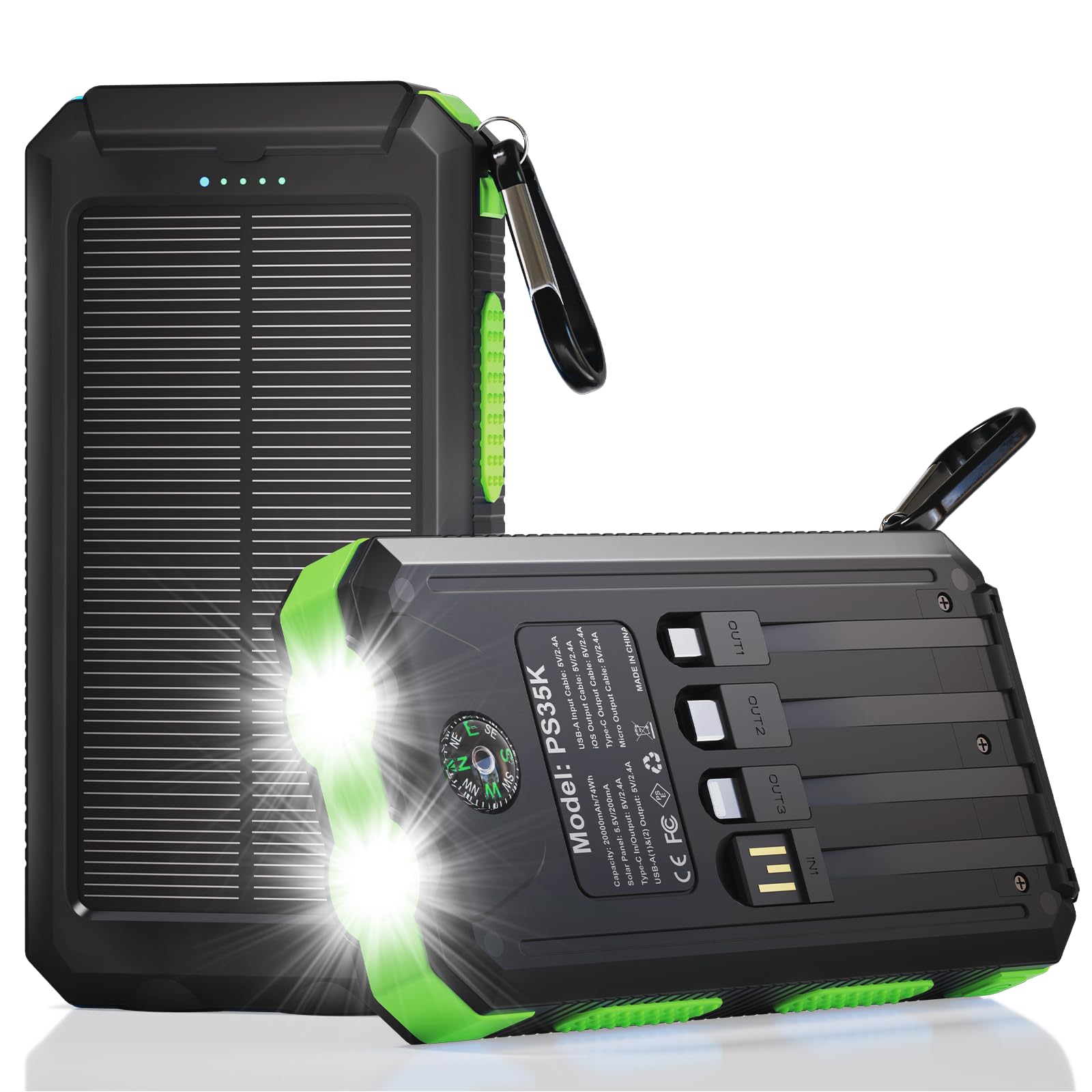 Solar Charger Power Bank 20,000mAh, Portable Charger, 4 Cables 3 Ports Fast Charging External Battery Pack with USB C for Cell Phones, Solar Panel