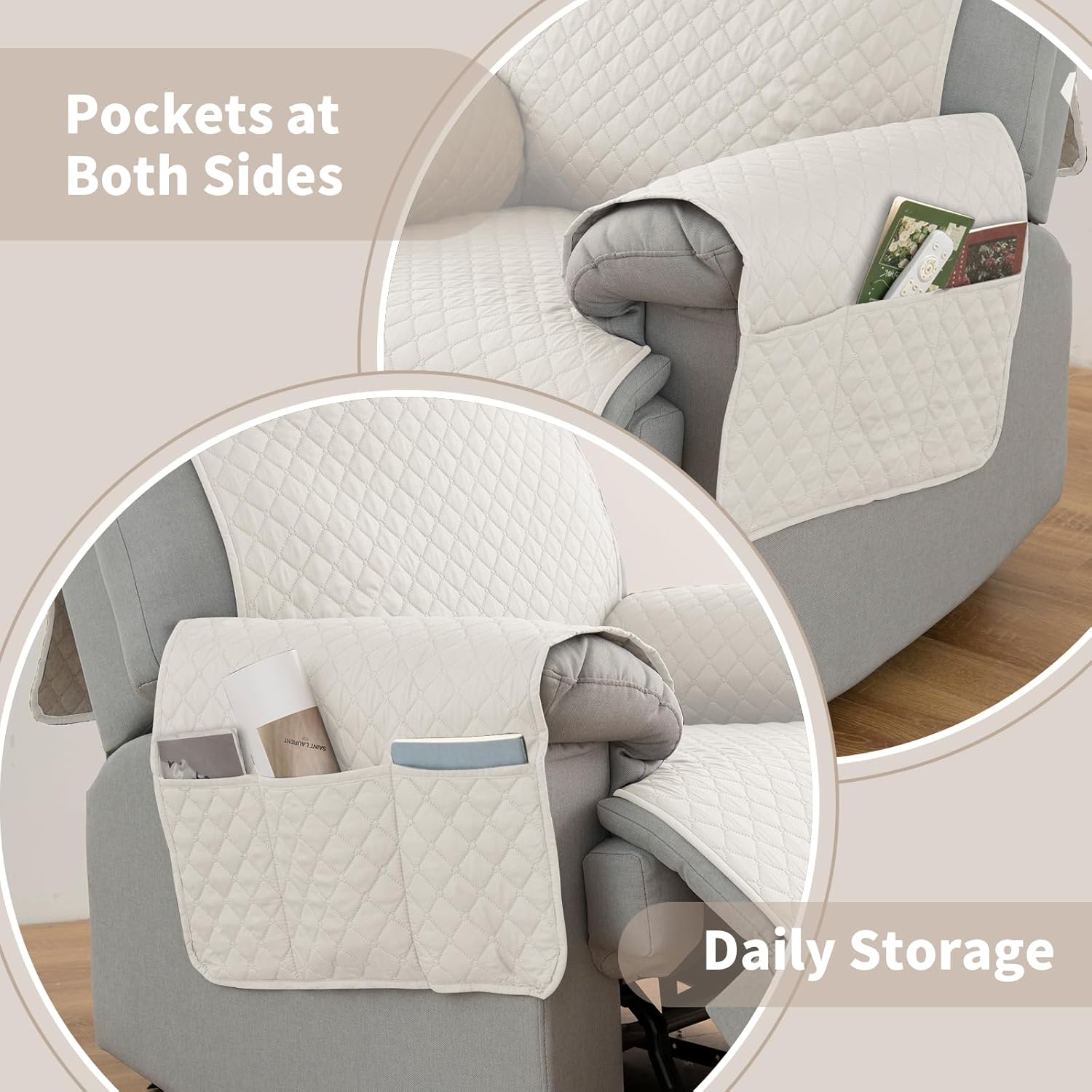 100% Waterproof Recliner Chair Covers 23.6", Non-Slip Recliner Cover for Chair with Pocket Washable Recliner Covers that Stay in Place with Elastic Straps for Dogs Cats Kids Pets-Beige