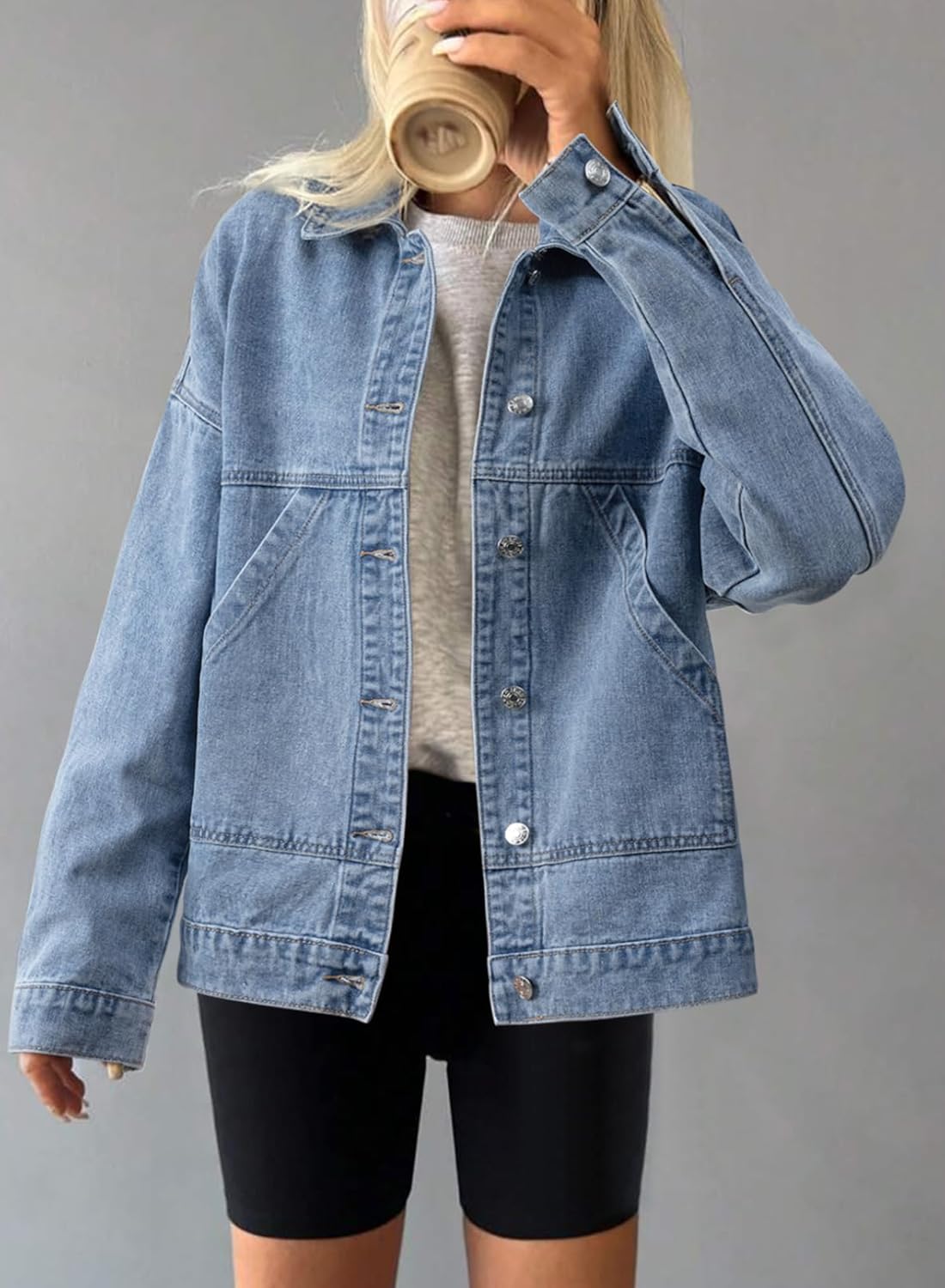 SHEWIN Womens Denim Jacket Casual Long Sleeve Drop Shoulder Button Front Jean Jacket Coat With Pockets - Image 4