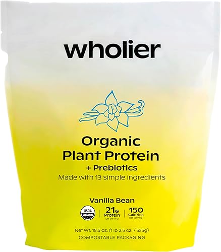 wholier Proteína vegetal orgánica + prebióticos de vainilla. 0.74oz de proteína. 0.18oz de fibra. Prebióticos. Sin encías, rellenos o sabores