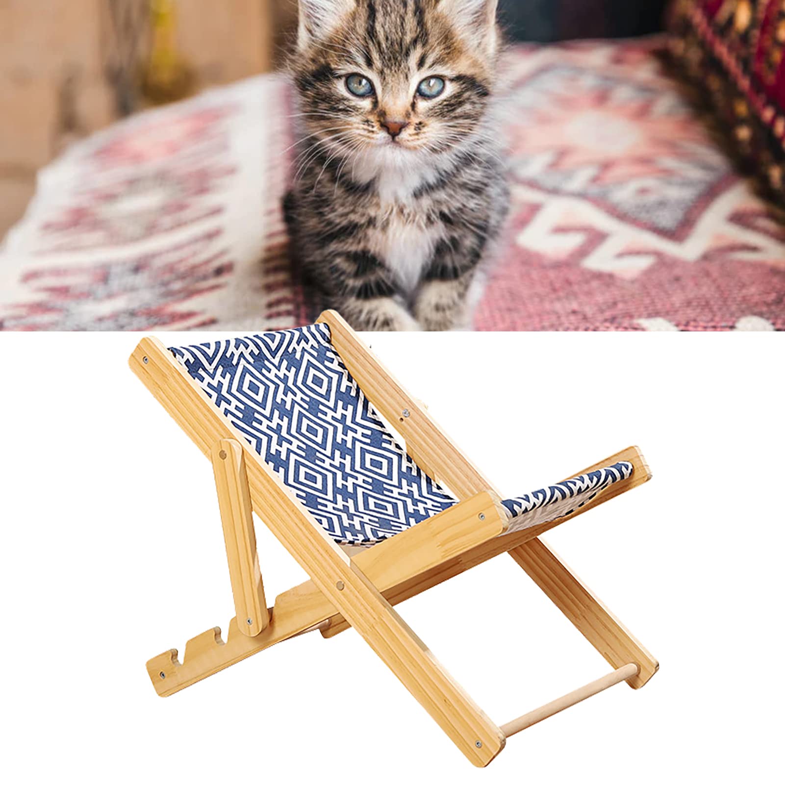 Lit Hamac pour Chat, Lit Surélevé pour Chat avec Grattoir en Sisal Durable, Grattoir en Sisal Durable et sans Perte, Chaise en Bois pour Chat, Meubles pour Chat de Mini Chaise de Plage pour(Toile)