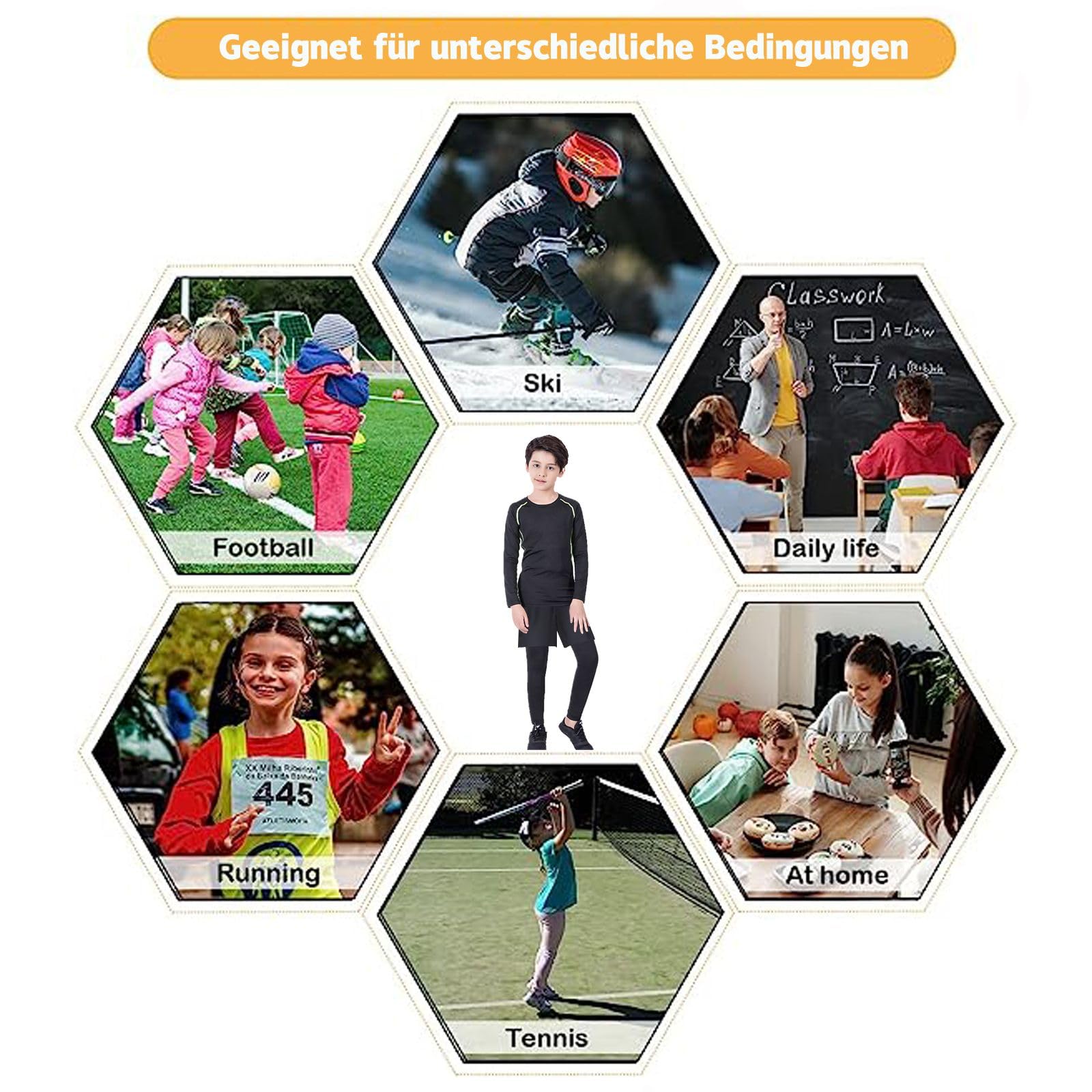 Couche de base pour enfants – Ensemble de compression 3 pièces avec haut thermique à manches longues et leggings et shorts de compression pour le sport, le football, le basket-ball, le ski, gris