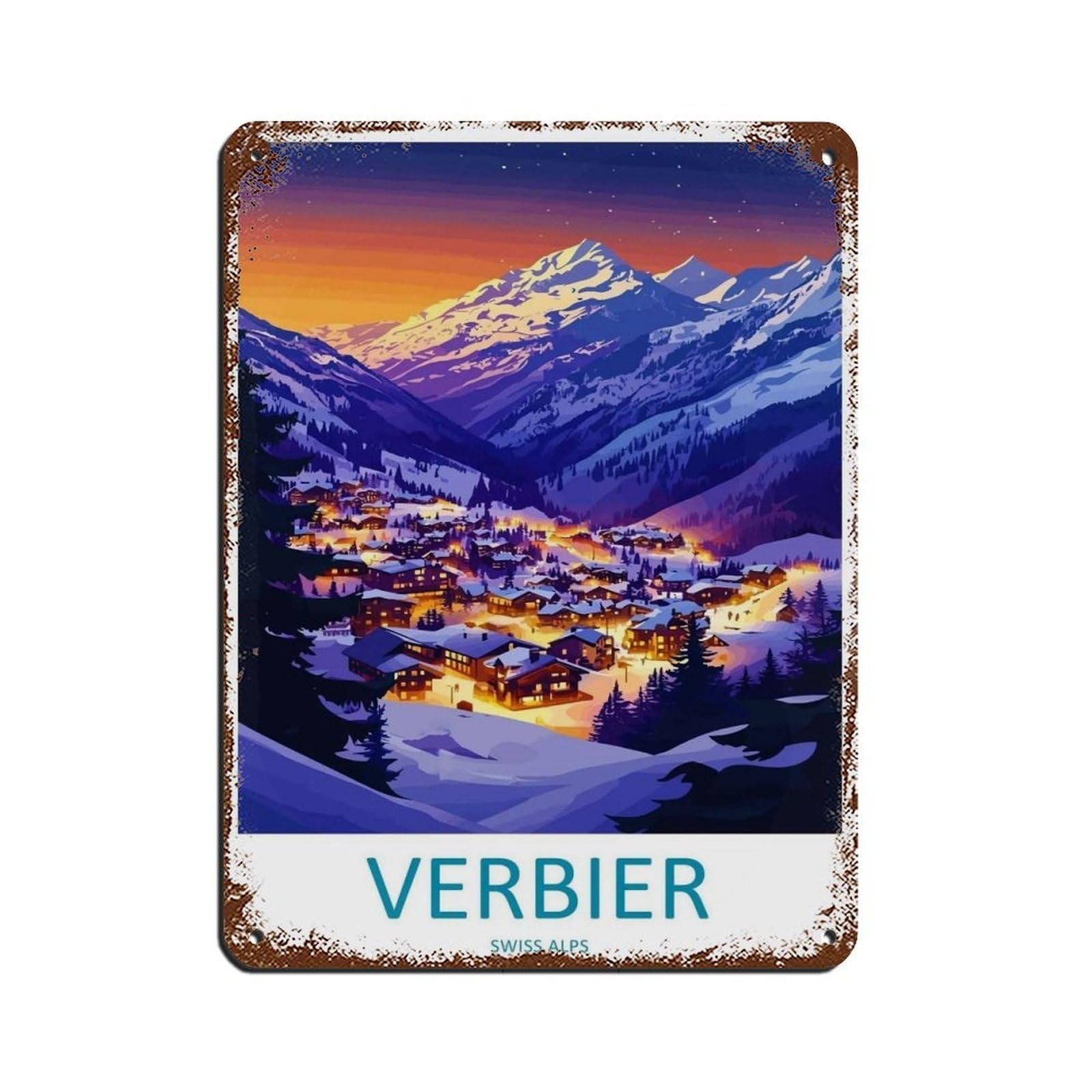 Verbier Travel Art Ski Art Lover Gift Tin Sign Vintage Metal Pub Club Cafe Bar Home Wall Art Decoration Poster Retro 12x16inch(30x40cm)