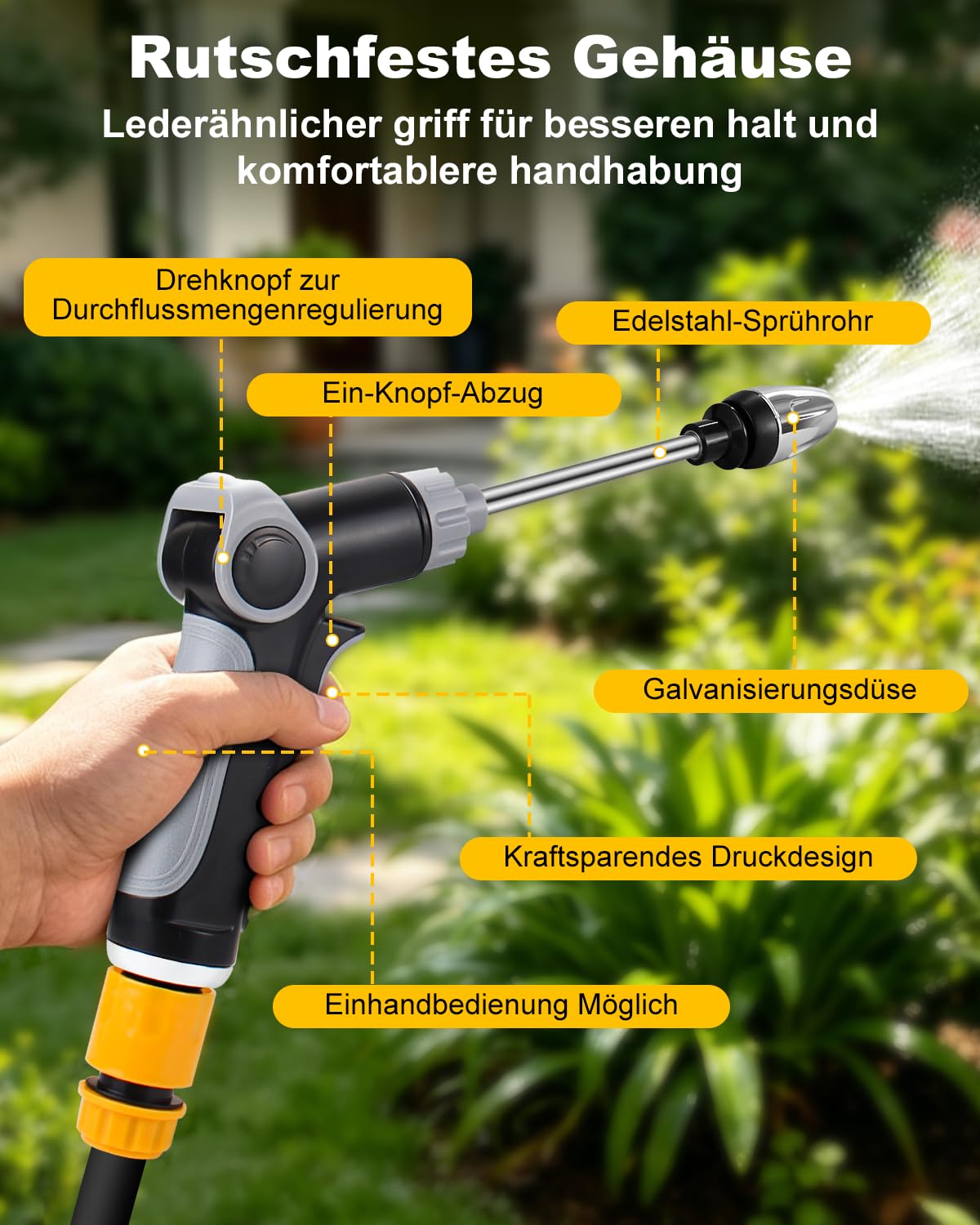 Power Jet Gartenschlauch Spritze mit Wasserregler & Arretierung, 3 Strahlarten Gartenbrause, Ergonomische Wasserspritze für Auto, Pflanzen, Terrasse & Reinigung, Rostfrei