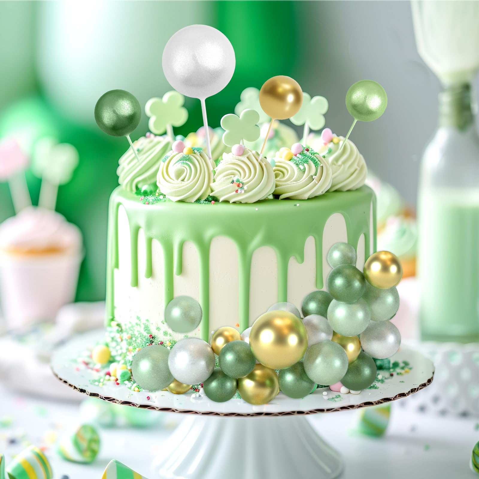 48 sztuk kulek na tort topper dekoracje piankowe babeczki Topper kulki dekoracje na tort urodzinowy ślub rocznica ślubu (zielony, biały, złoty)