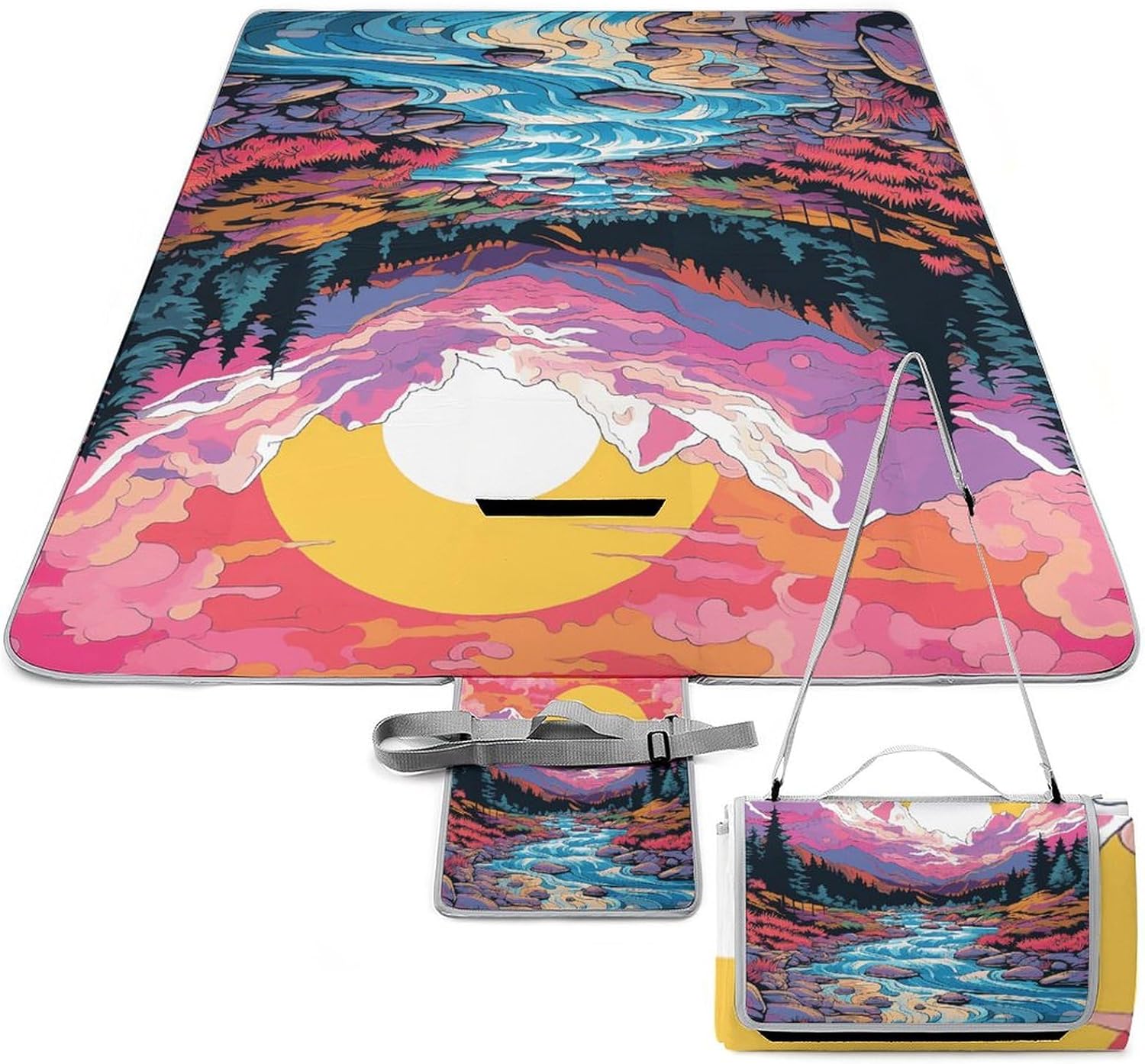 Outdoor Picnic Blanket Extra Large Beach Blanket Waterproof Picnic Mat Peach Landscape Painting Camping Blanket Portable with Carry Strap Park Blanket for Grass Camping Park