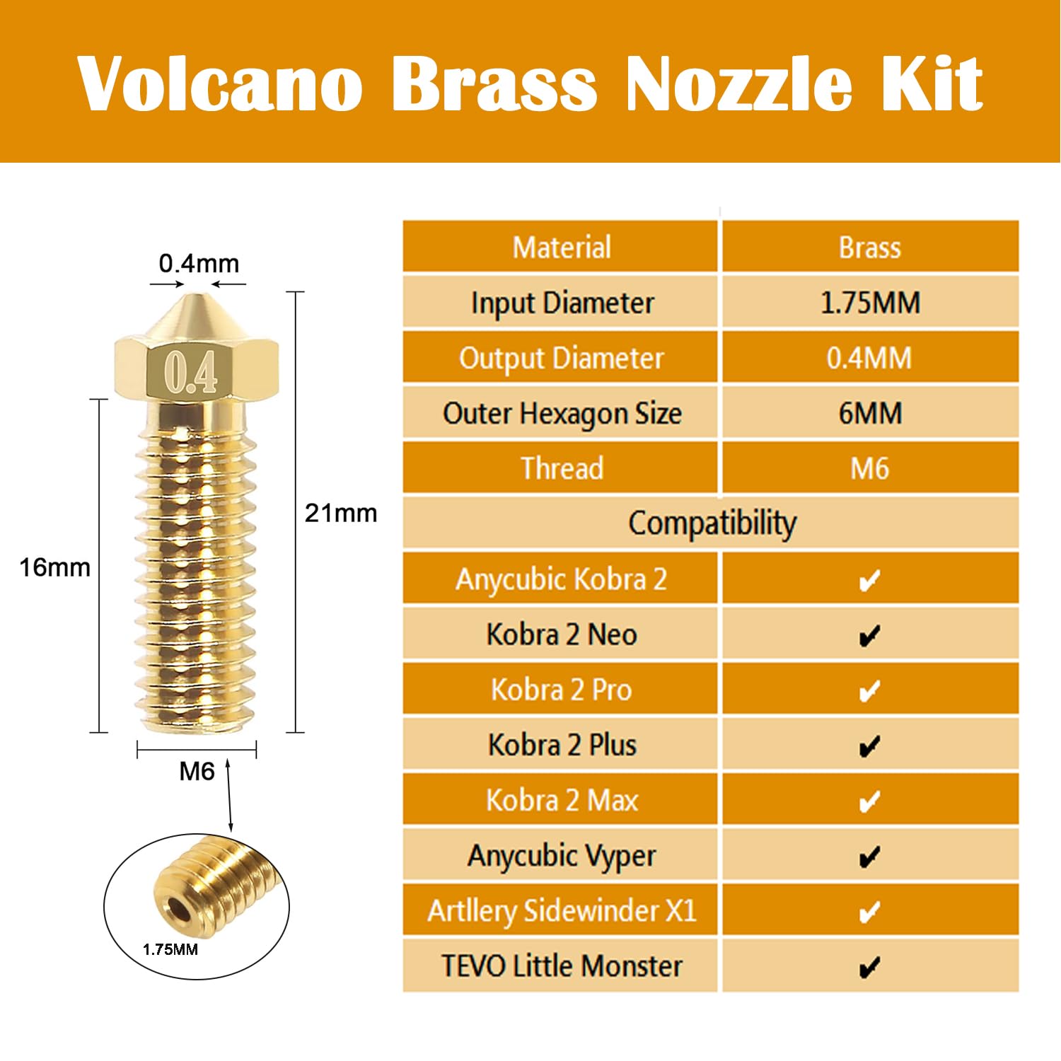 Volcano zestaw dysz do drukarki 3D, 0,4 mm, 10 sztuk, mosiądz, do drukarek 1,75 mm, Artillery Genius/Sindwinder X1/Anycubic Kobra 2/Vyper