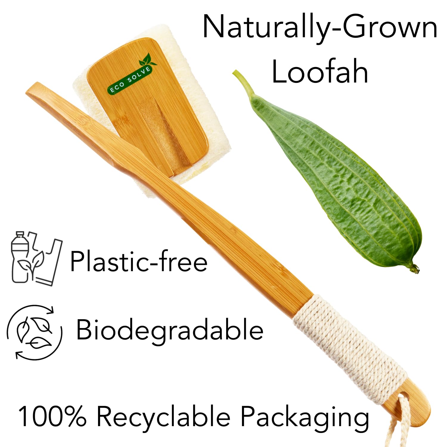 Estropajo de ducha de lufa natural con mango de bambú extraíble, exfoliación suave, mango ergonómico largo con agarre de cuerda de cáñamo, esponja extra incluida para lavado cercano, sin