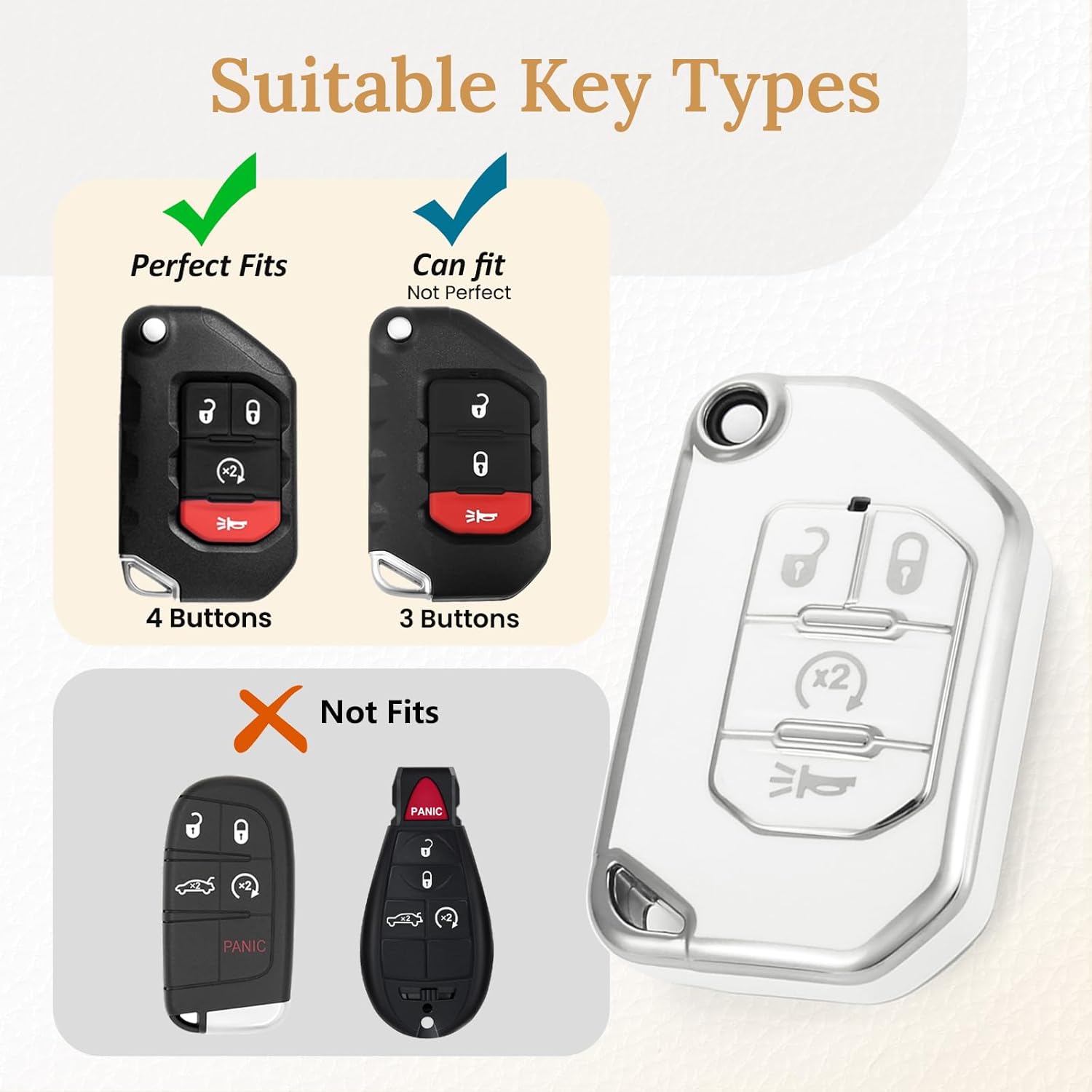 for Jeep Key Fob Cover with Upgraded Anti loss Durable Metal Keychain, Fashionable Soft Case for Wrangler Gladiator JL Sahara Rubicon(4 buttons) (Silver, C1) - Image 5