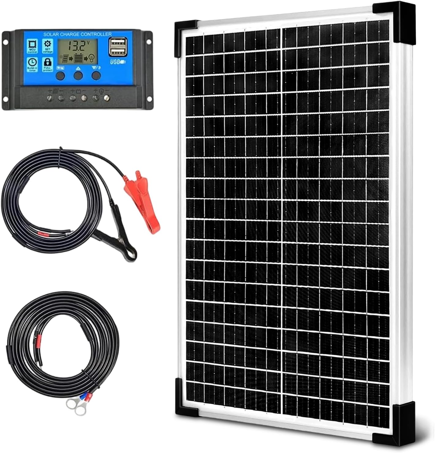 Solar Panel Kit 30W 12V Monocrystalline,Battery Maintainer +10A Solar Charge Controller + Extension Cable with Battery Clips O-Ring Terminal for RV Marine Boat Off Grid System