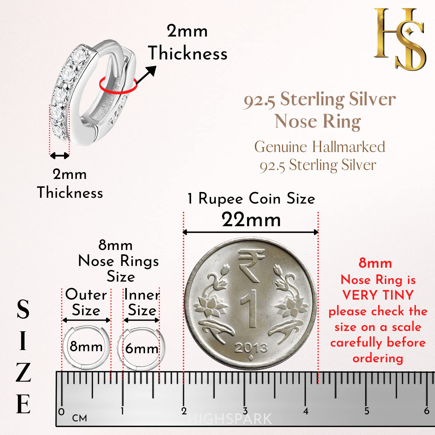 92.5 Sterling Studded Nose Ring for Nose Piercing
