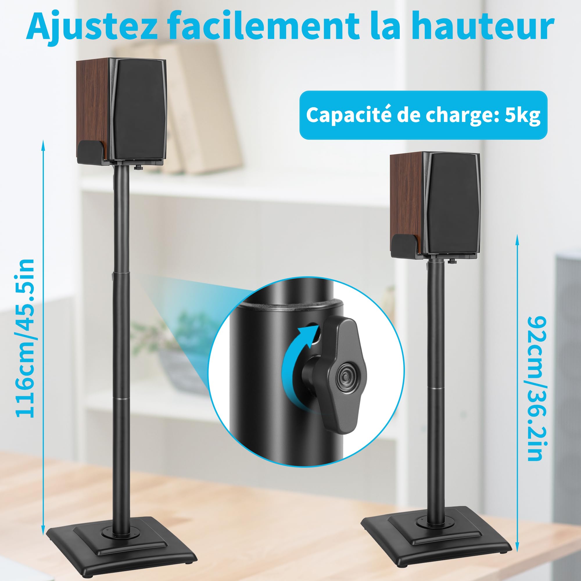 OUUTMEE Lot de 2 Supports d'Enceinte Réglable en Hauteur, Pieds d'Enceinte de Sol avec Gestion des Câbles Jusqu'à 5KG, Supports de Haut-parleurs pour Enceintes Satellites (Noir)