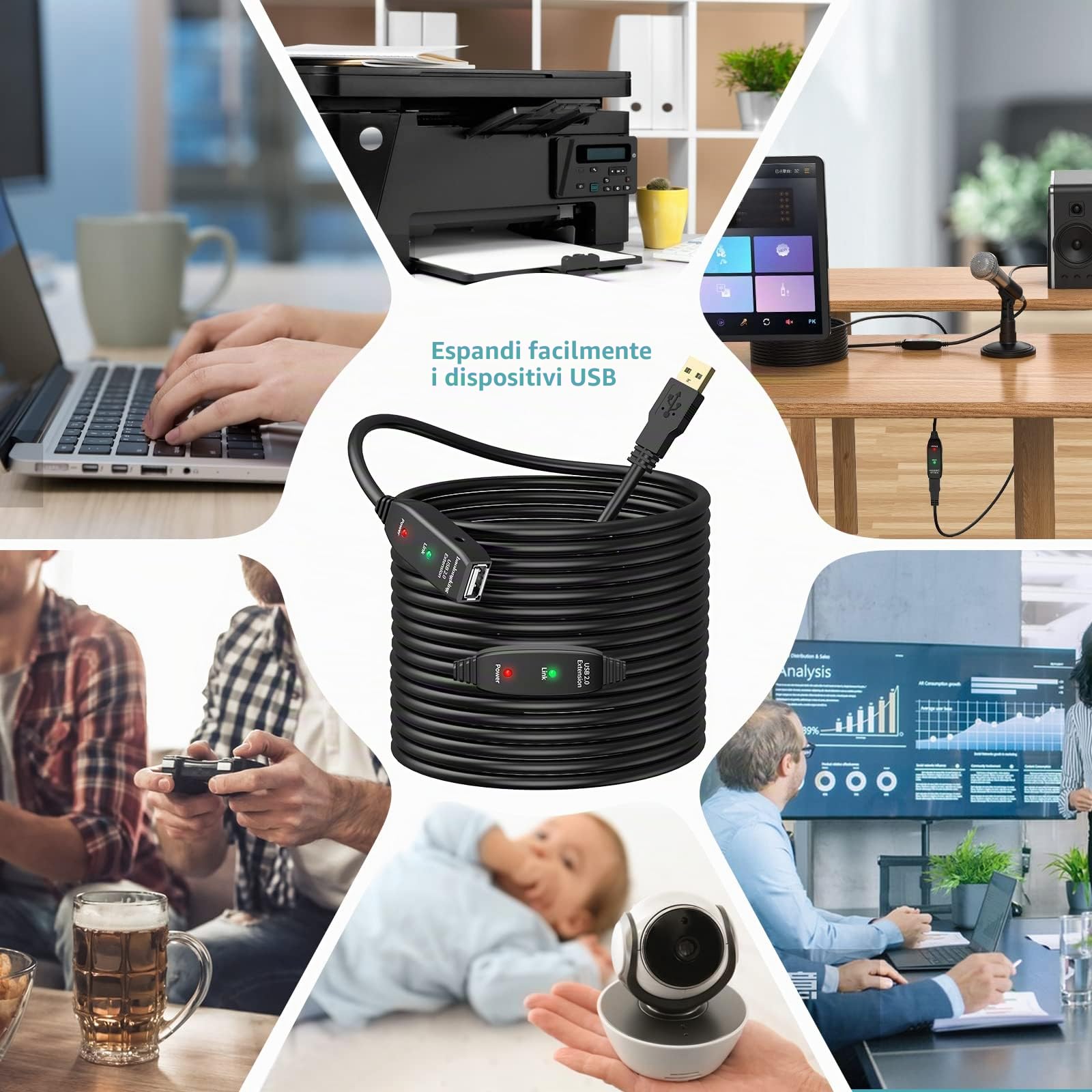 Cavo di prolunga USB da 5 m, 10 m, 15 m, 20 m, USB 2.0, ripetitore attivo, da maschio A a femmina A, cavi lunghi con amplificatore di segnale (20m)
