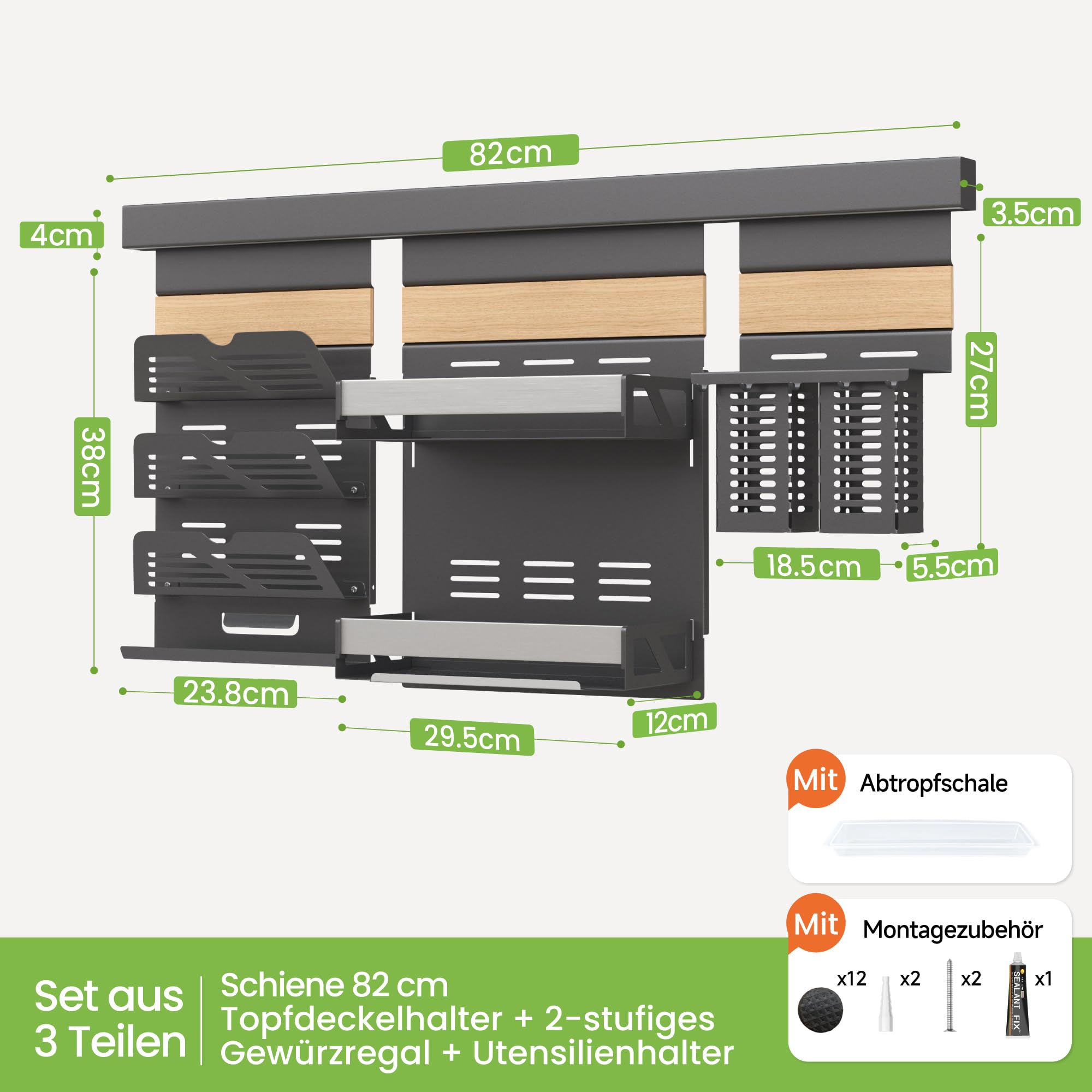 Mai & Mai 2-Stöckiges Gewürzregal mit Topfdeckelhalter und Besteckhalter | Küchen Organizer abnehmbar, Küchenregal Wand Metall inkl. Handyhalter und 5 Haken, Schiene 82 cm Grau Reglo-09-11-12