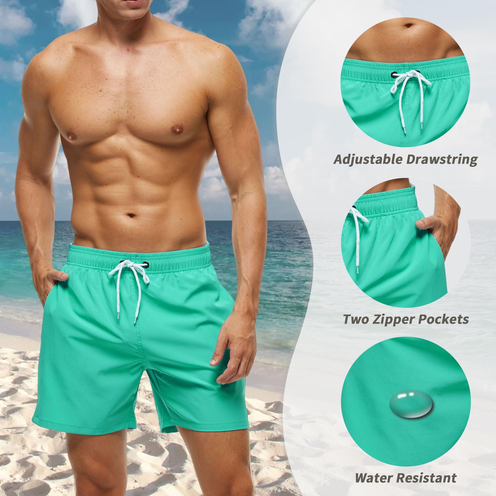 Shorts de Bain Homme Maillot de Bain Homme avec Poches Zippées, Séchage Rapide Short de Plage Piscine Surf Homme avec Doublure en Maille et Cordon Réglable