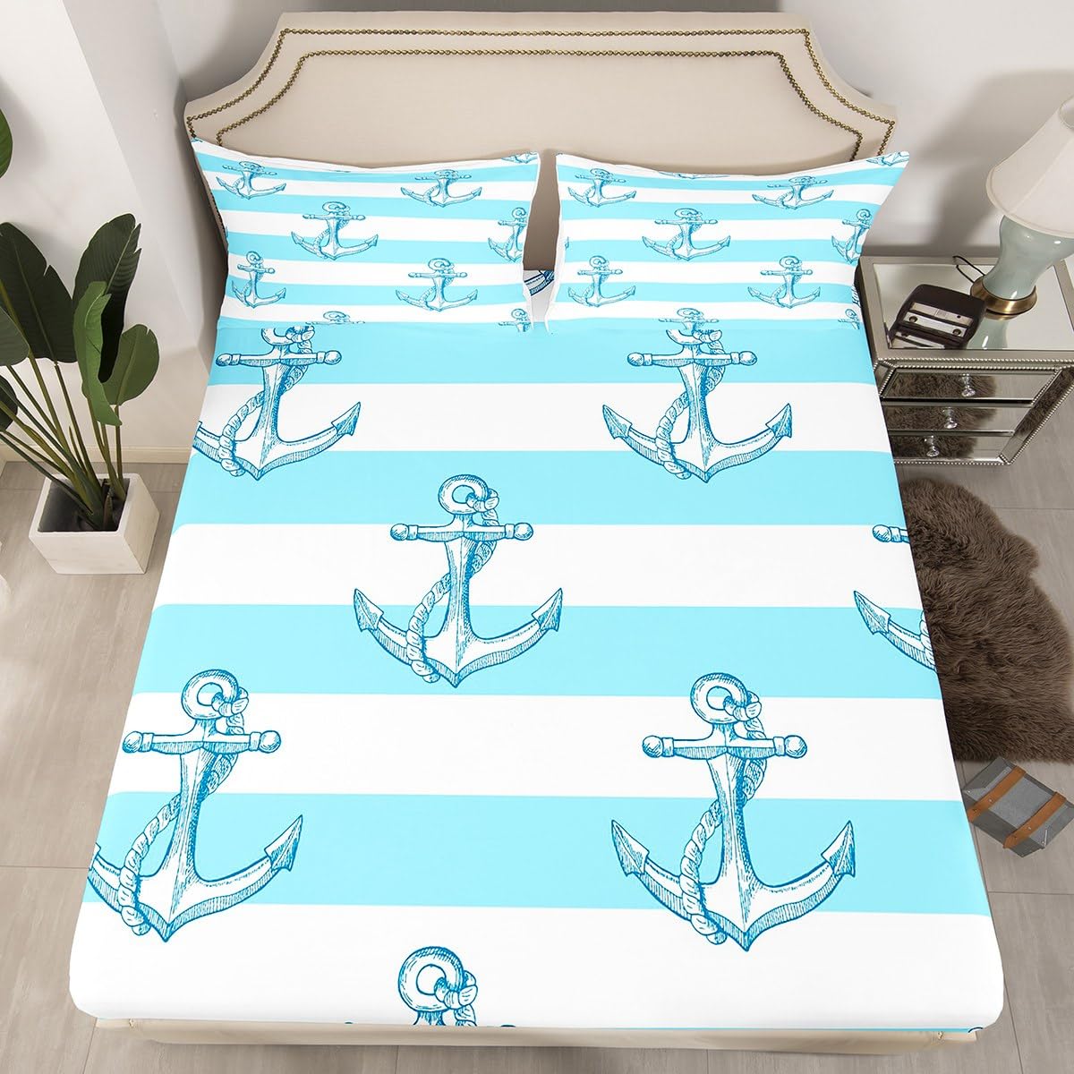 Anchors - Juego de sábanas bajeras de 3 piezas con diseño de ancla náutica y 2 fundas de almohada, 3 piezas, para decoración de habitación de niños y niñas, de poliéster suave