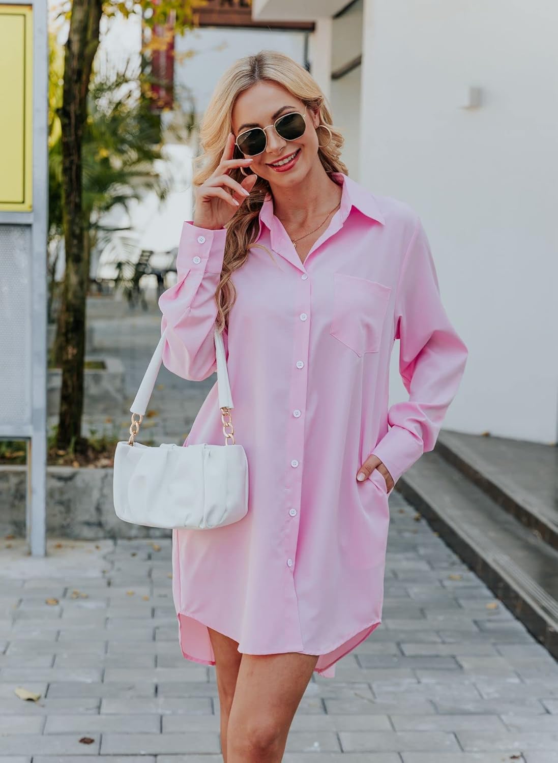 Women's Casual Button Down Shirts Long Sleeve Oversize Blouse Loose Shirt Dress with Side Pockets - Image 5