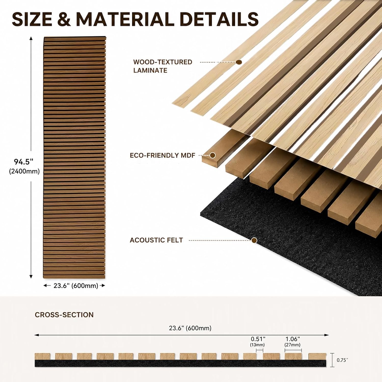 acoustic wood panels for wall,3d flexible fluted sound slat panel (walnut) | soundproof ,absorbing,noise cancelling,94.5 x 23.6in