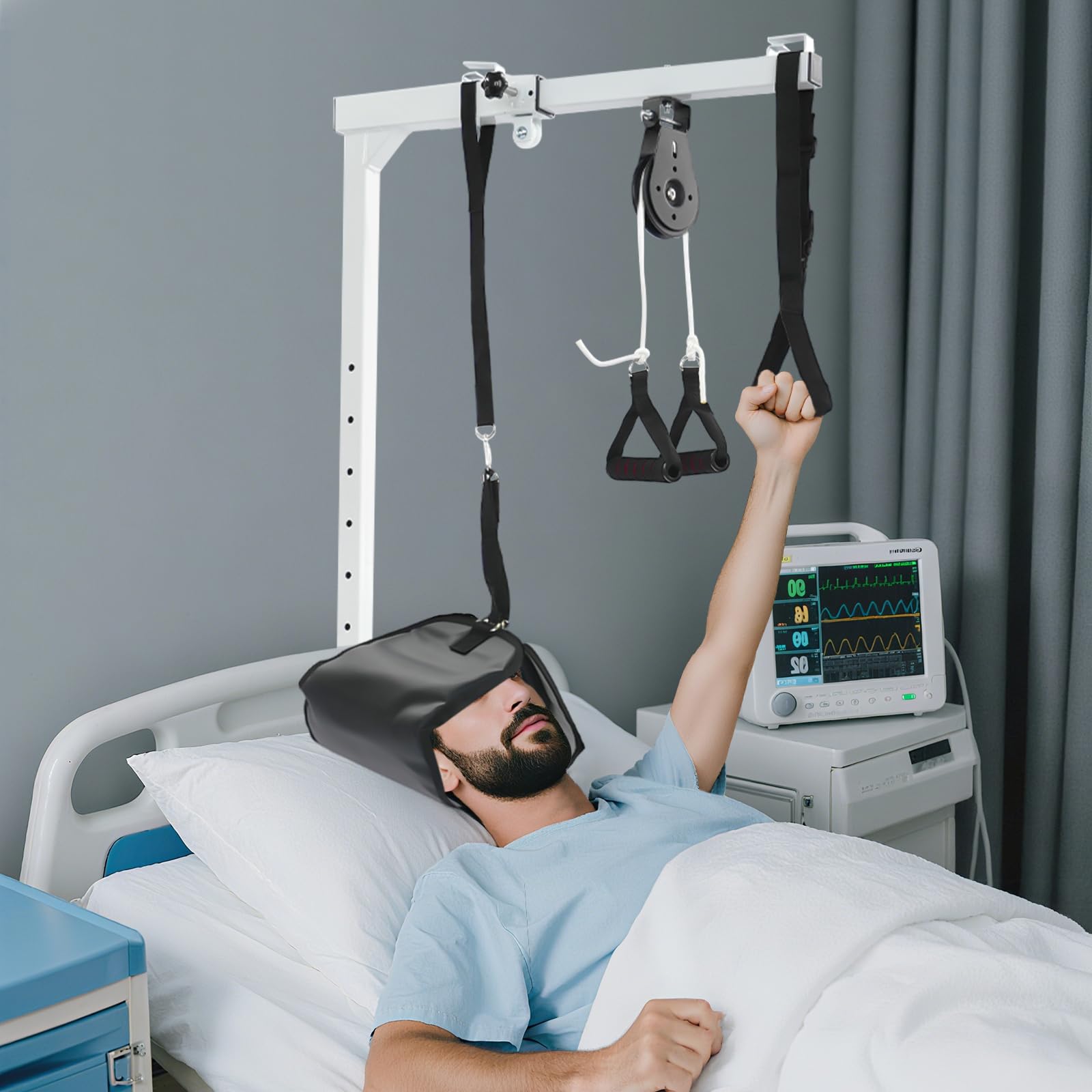 Perche de lit autoportant réglable en hauteur en acier, aide à la traction multifonctionnelle pour la mobilité, avec poignée trapézoïdale, aide à la redressement pour les personnes âgées et les