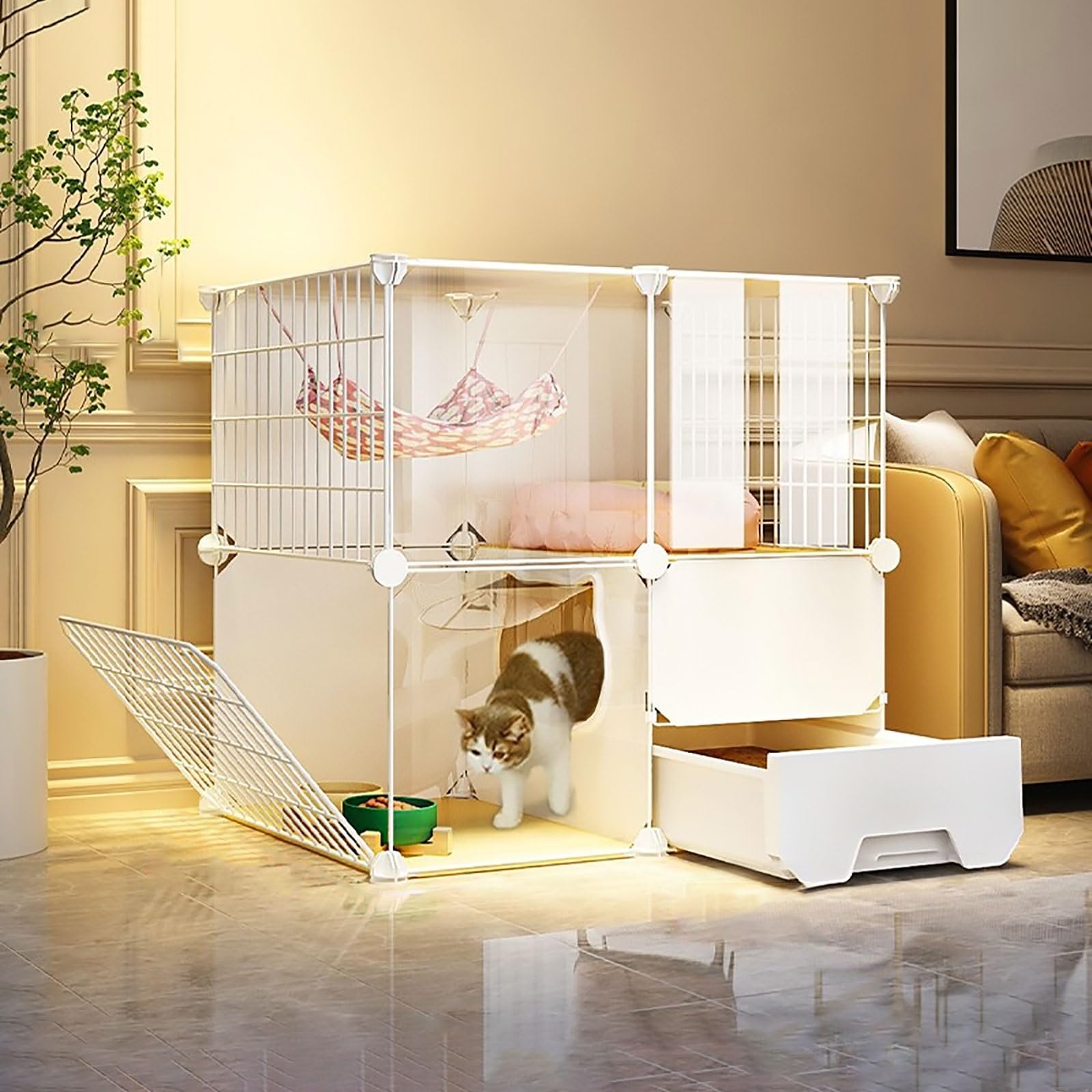 asdchZen Indoor Cat Cage Playpen,Semi-Enclosed Detachable Cat Crate Cat Enclosure Small Animal Cage With Ladder/Litter Box/Cat Nest/Cat Bowl,Large Exercise Place,Without Wheels-72x37x72cm