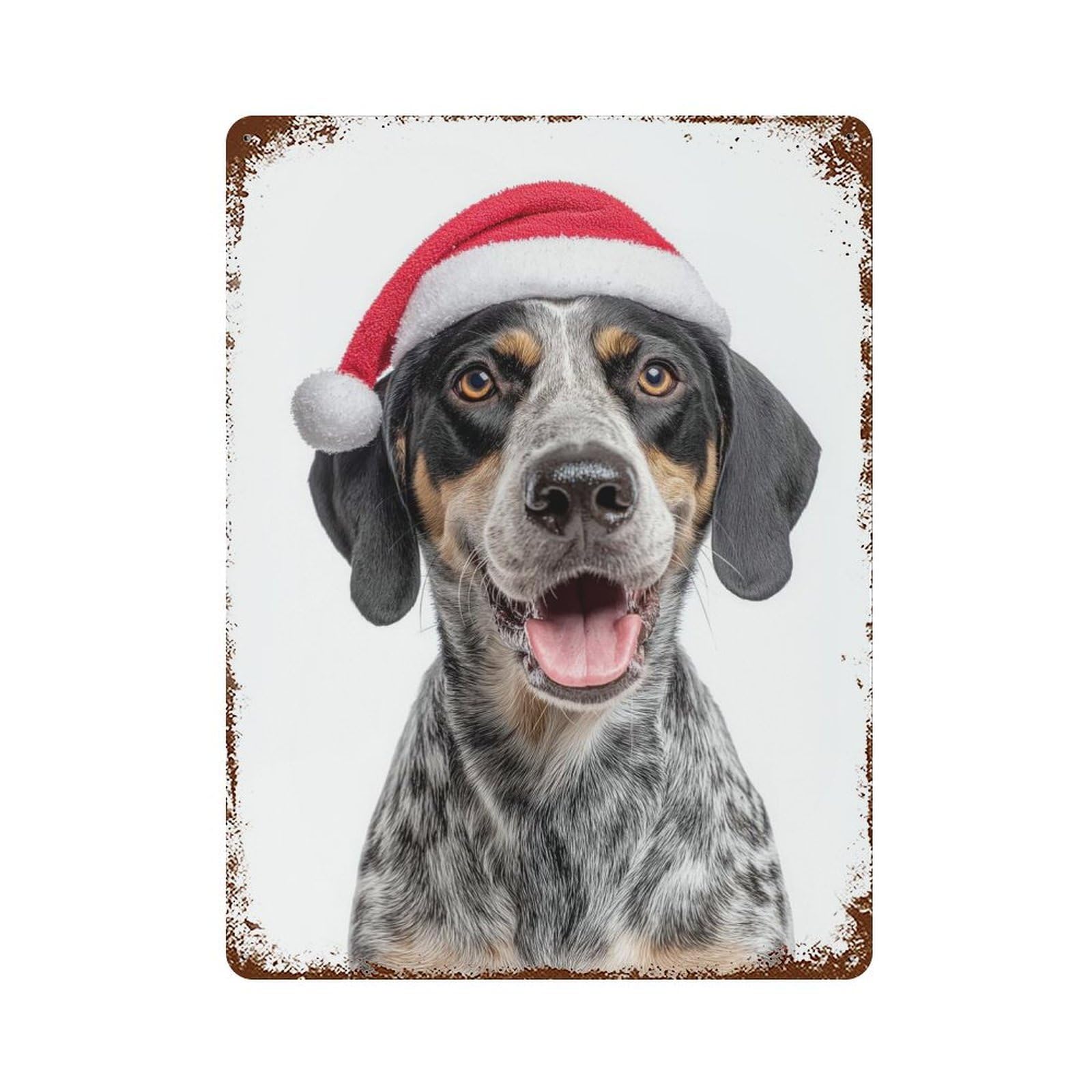 Bluetick Coonhound Dog with Santa Hat Portrait Vintage Rust Metal Sign 15.7"x11.8", Farmhouse Wall Decor for Garage, Pub Or Kitchen