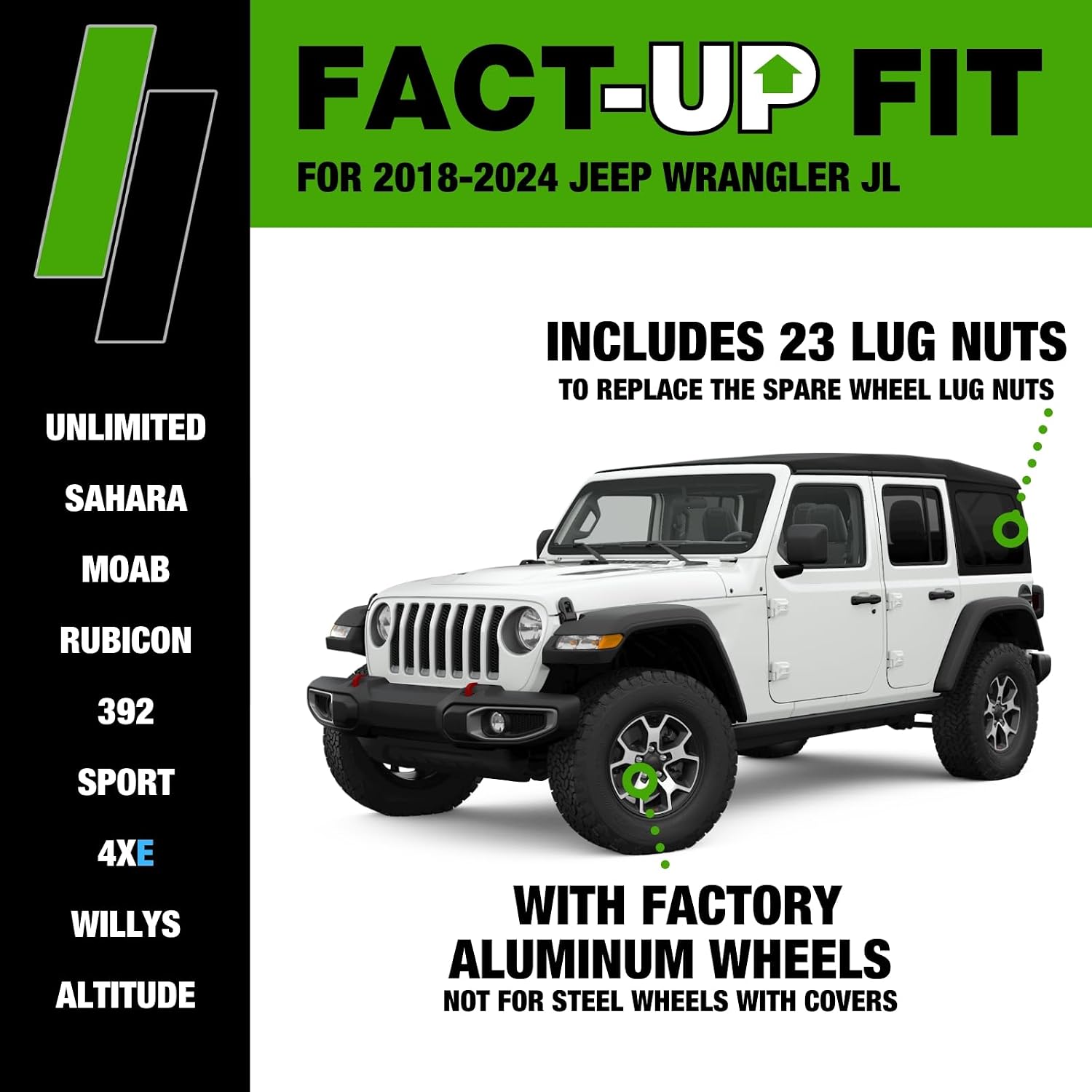 DPAccessories 23 Black Lug Nuts - Compatible with 2018-2024 Jeep Wrangler JL - Silver Hex Alloy Steel Nuts - M12 x 1.06 inches - M12 X 1.5 ACME