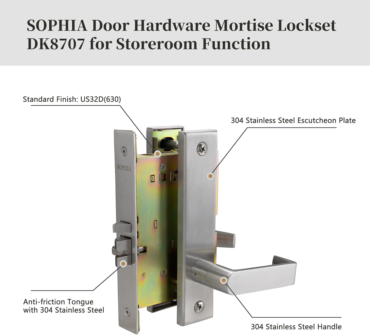 SOPHIA Commercial Heavy Duty Mortise Lockset Door Lever Lock Non-Handed Grade 1 Door Handle - Escutcheon Plate Keyed Lever Lockset, ADA, US32D Satin Chrome Finish for Storeroom Door